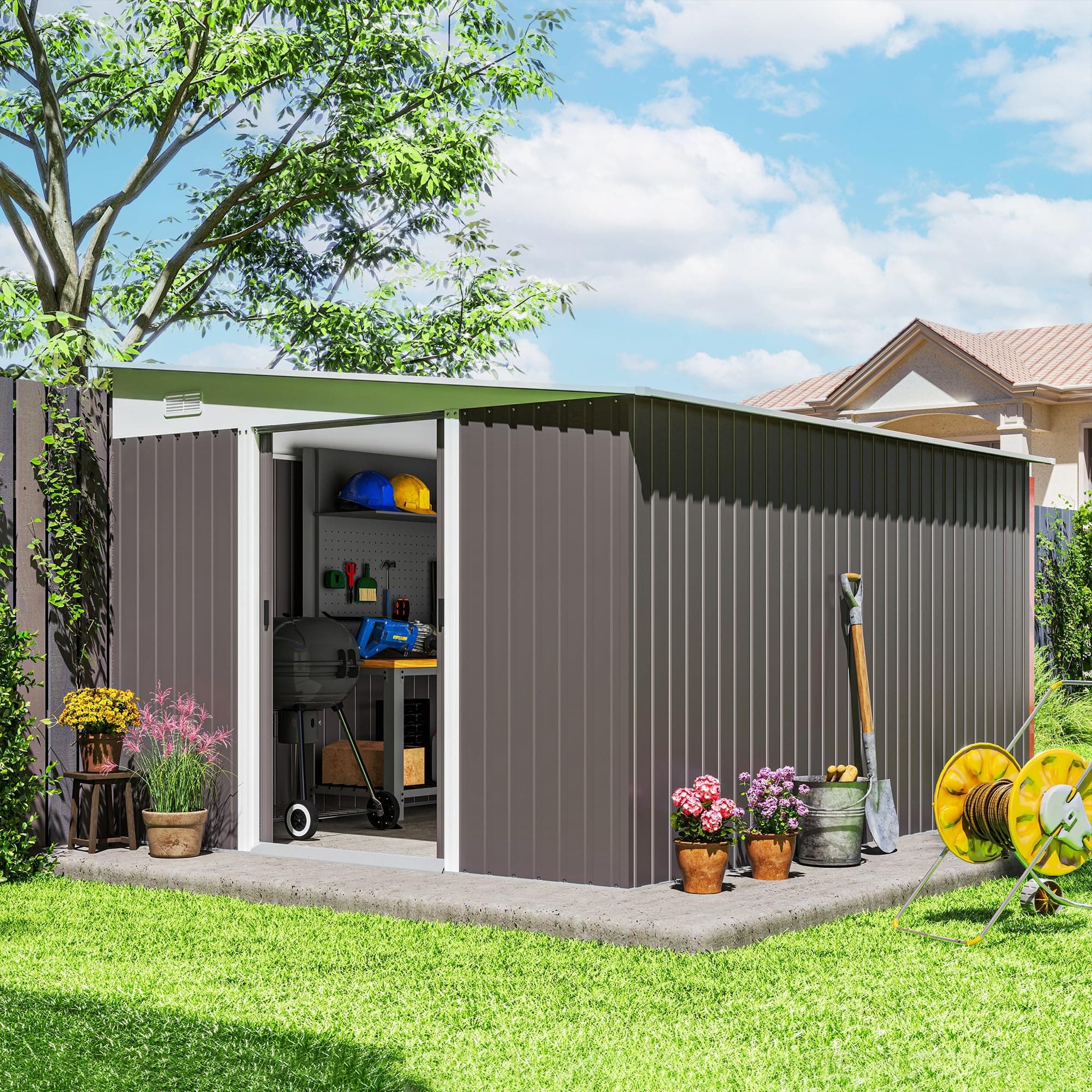 Outsunny 11' x 9' Outdoor Storage Shed, Metal Garden Tool House with Sloping Roof and Lockable Door for Backyard, Bike, Patio, Garage, Lawn, Gray
