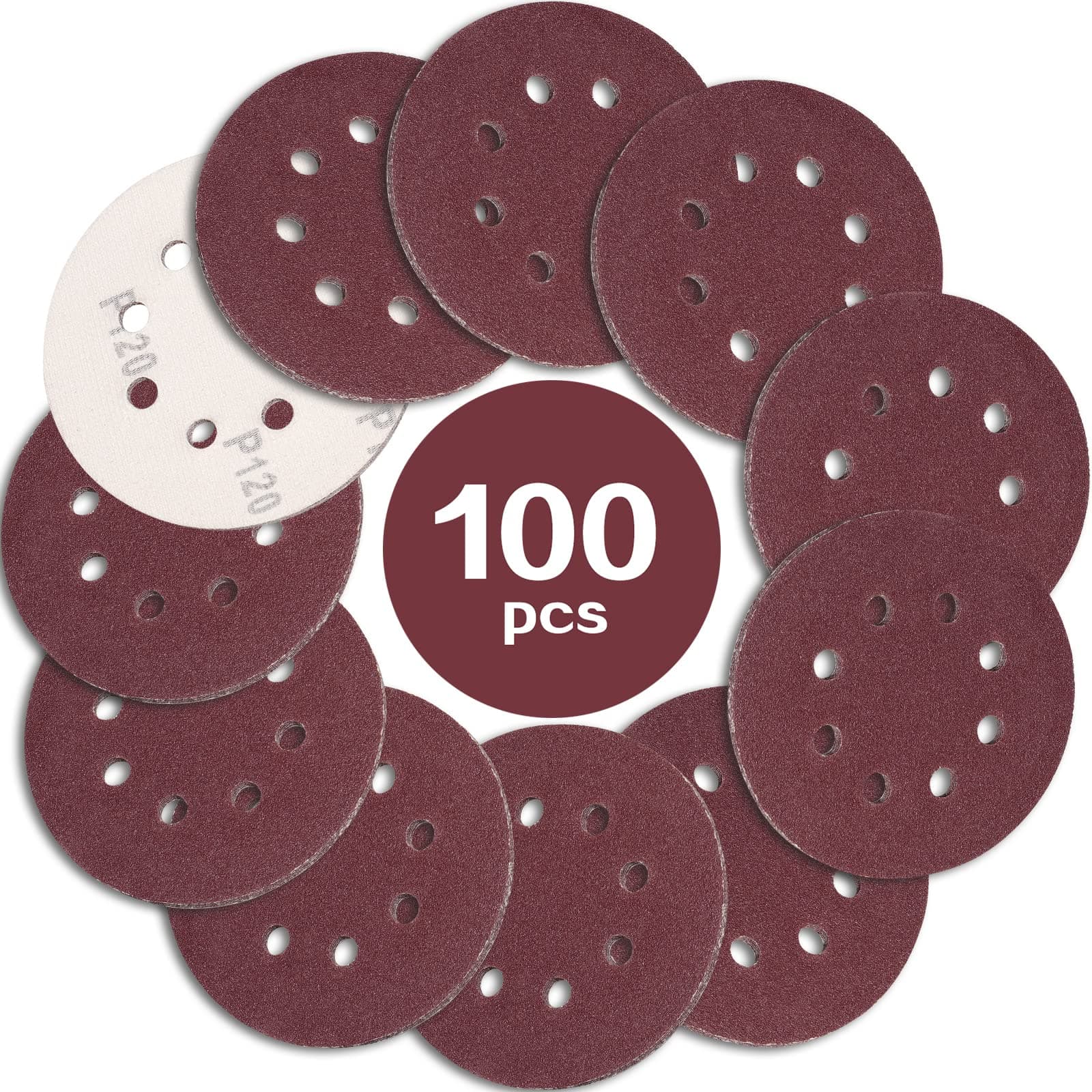 STEBRUAM 100PCS 125mm Sanding Discs 120 Grit, 5 Inch 8 Hole Hook and Loop Sanding Pads for Random Orbital Sander