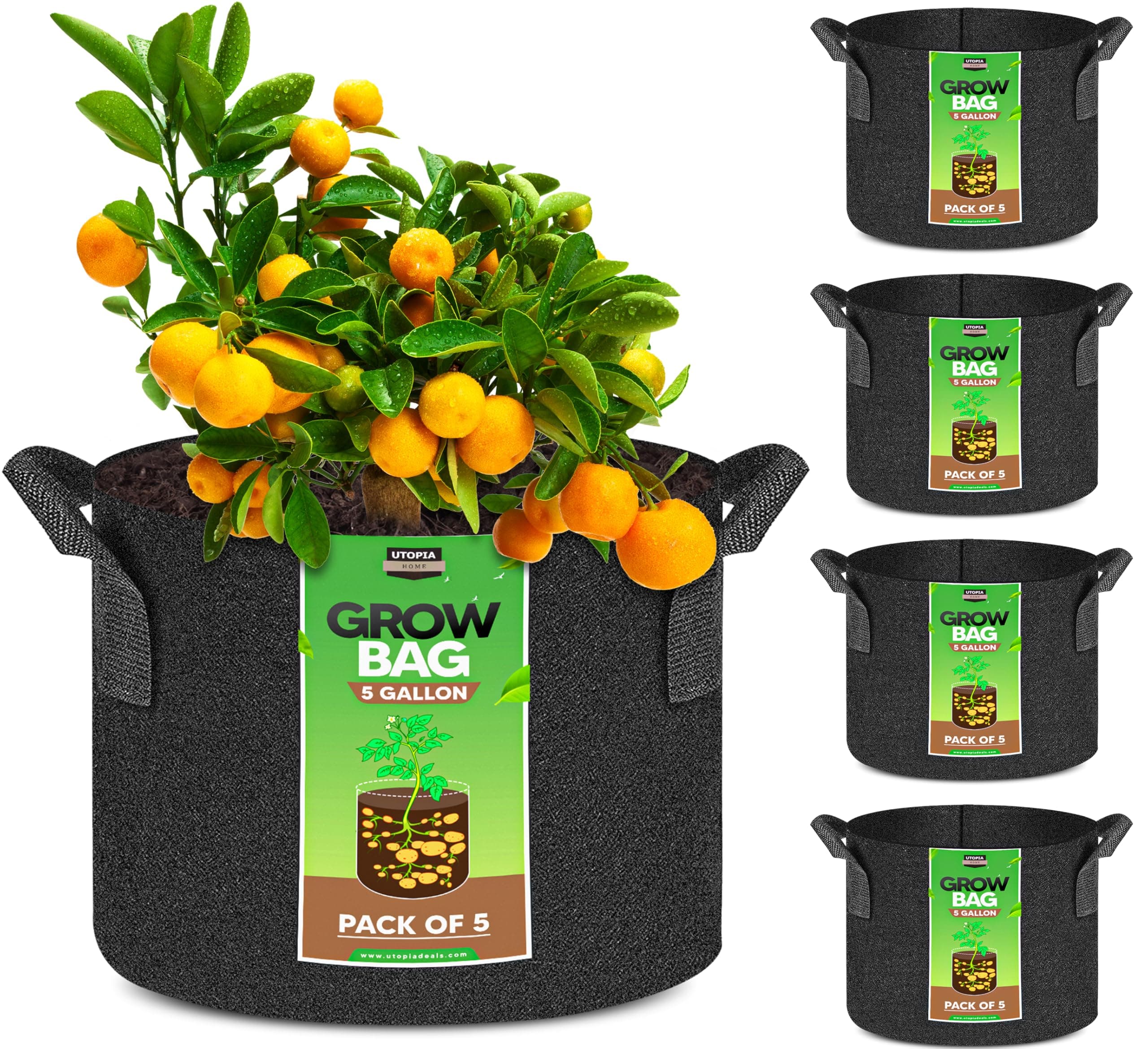 Utopia Home 5 Pack 5 Gallon Grow Bags, 300G Thickened Nonwoven Plant Fabric Pots for Outdoor, Grow Pots, Garden Plant Bags, Aeration Fabric Planters for Fruits, Vegetables and Flowers