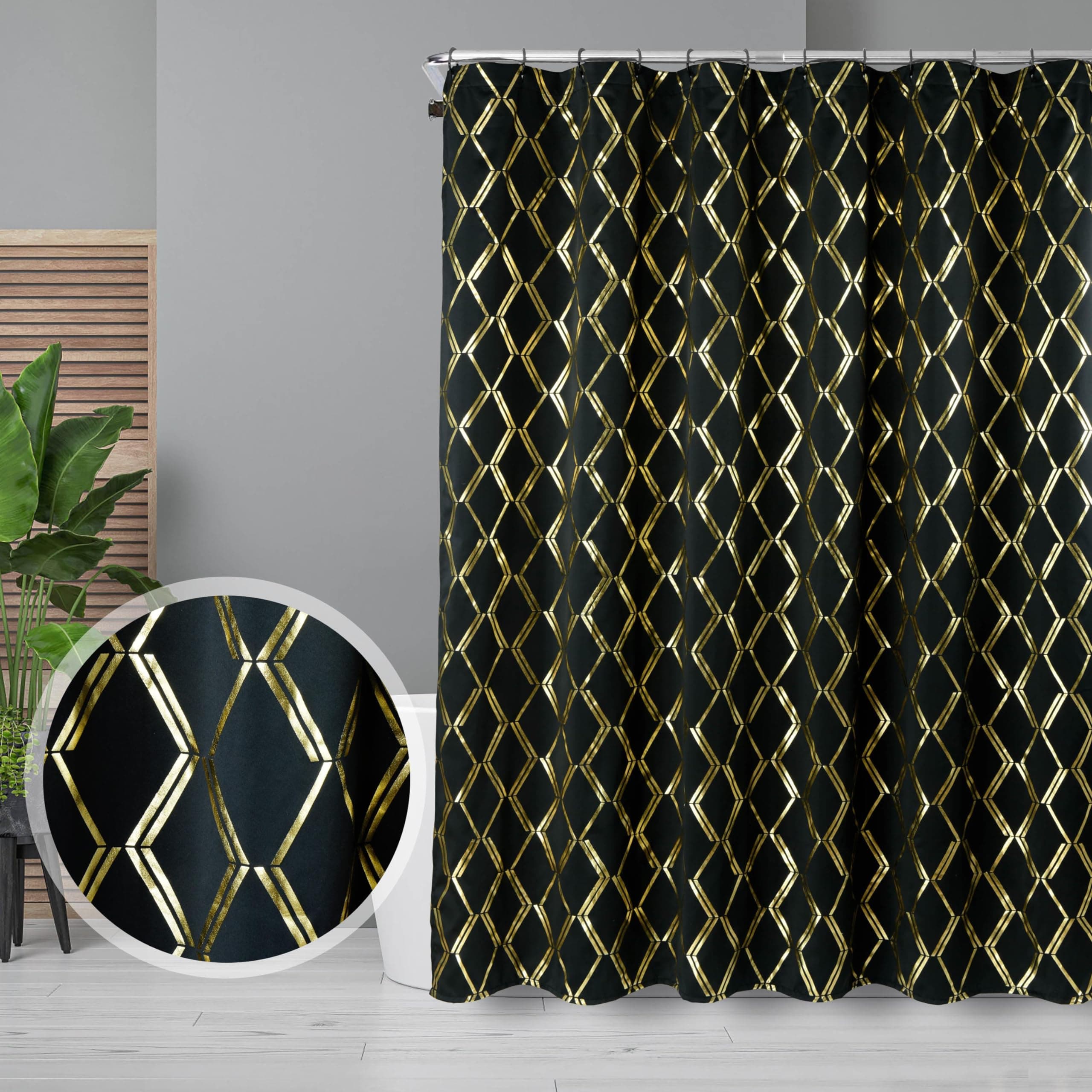 Black Shower Curtain with Gold Geometric Print Pattern, Sparkly Cloth Shower Curtains with Diamond Pattern, Unique Classy Satin Bathtub Curtain for Restroom, 72" x 72" (LQ-25)