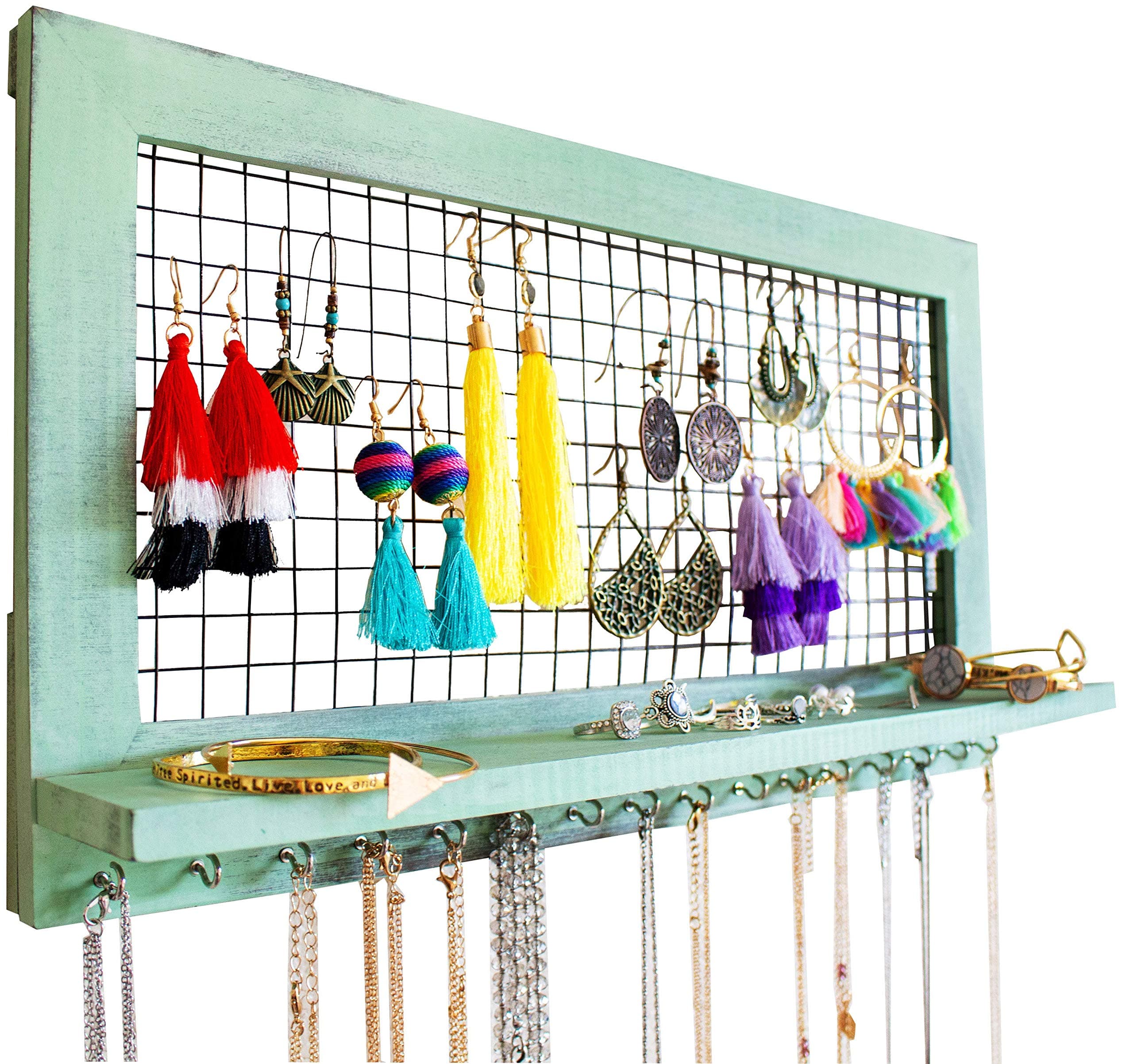 SoCal Buttercup Shabby Chic Wooden Wall Mount Jewelry Organizer - Top Hanging Jewelry Holder for Earrings, Necklaces, Bracelets and Accessories