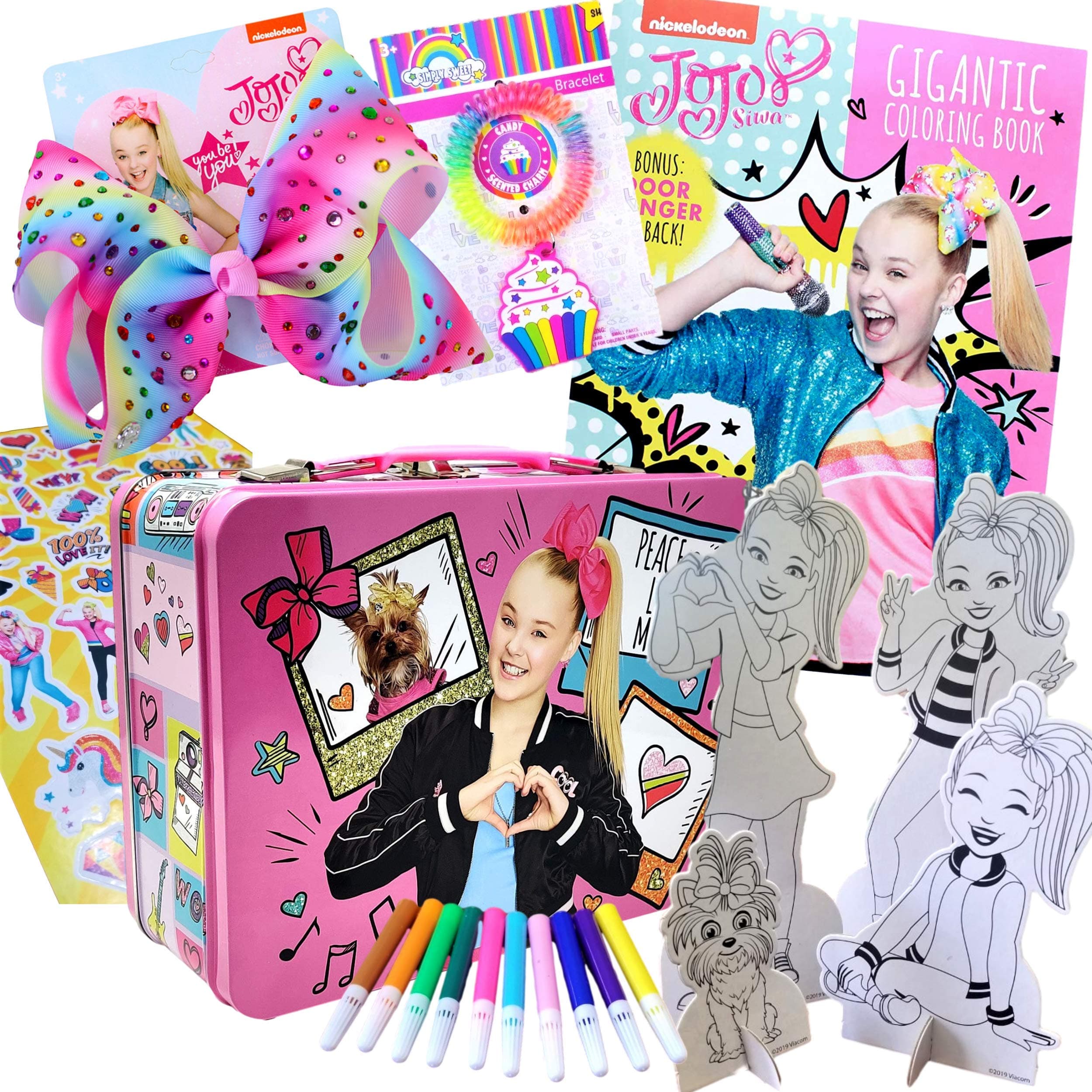 Ultimate JoJo Siwa Gifts 25Pc Set - Fashion Art & Activity Craft Kit, Jojo Bow 8 Inch, Collectible Jojo Tin Box, Jojo Coloring Book & Stickers, & More - Arts and Craft Kits for Kids 3, 4, 5, 6, 7, 8