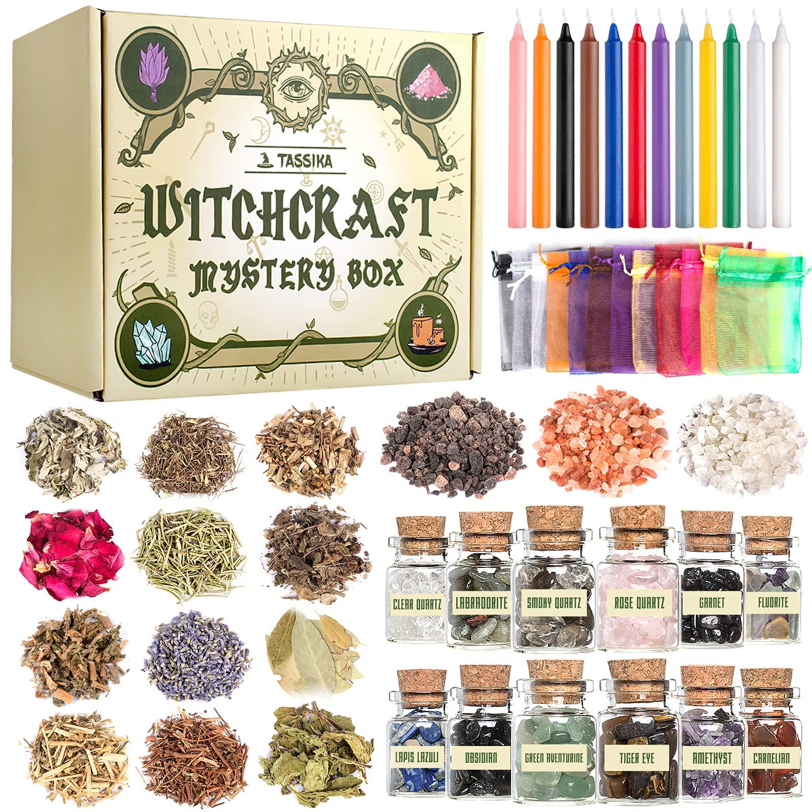 Tassika Witchcraft Starter Kit, Witchcraft Supplies for Wiccan Altar- 63 Pack of Crystals Dried Herbs, Colored Magic Candles, Charm Bags and Ritual Witches Salt for Spells, Baby Witches