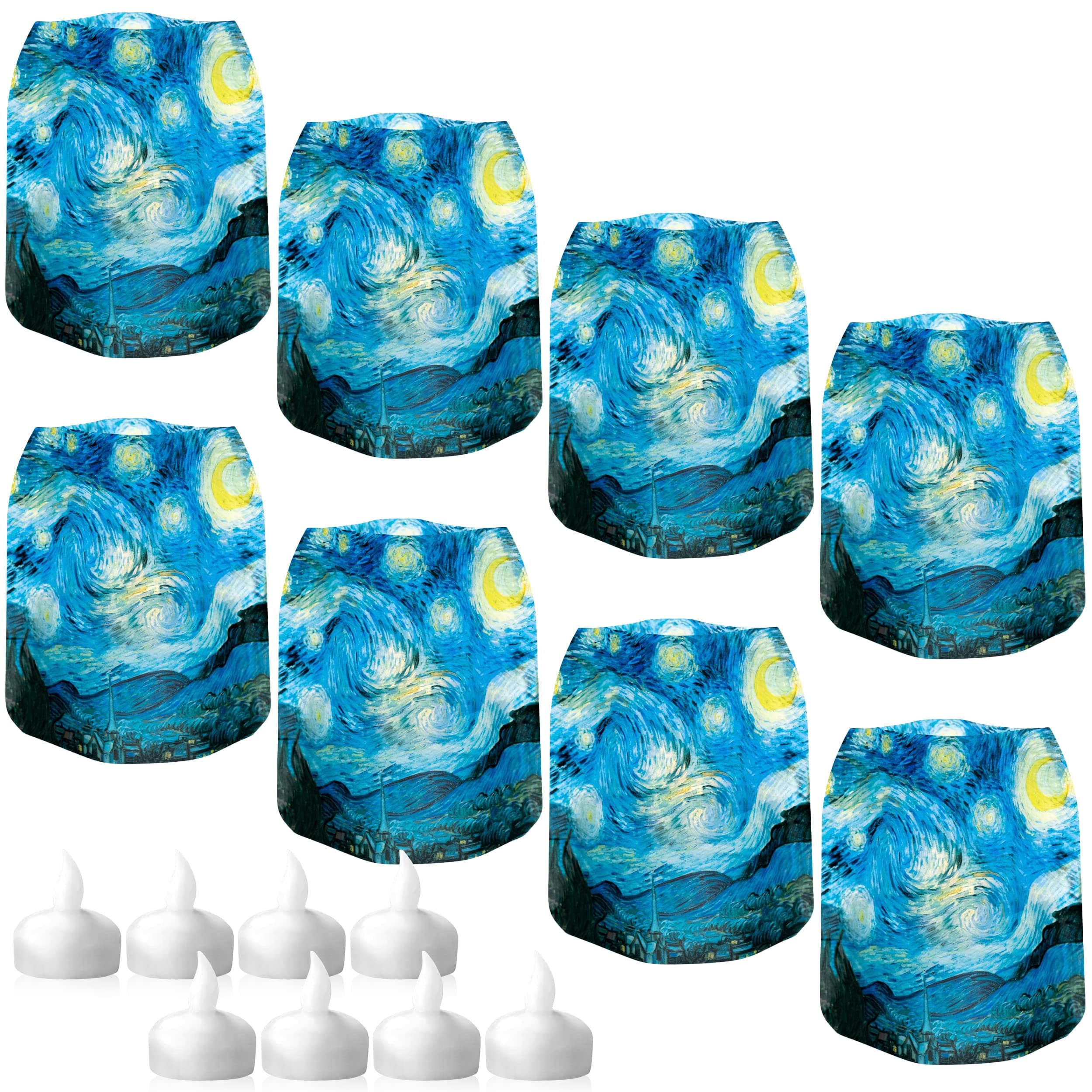 MODGYLuminary LED Lantern Candle Holder Decorative Indoor Outdoor, Plastic Candle Lamps for Wedding Table Centerpiece Porch, Flameless Floating Candles, Starry Night, Vincent Van Gogh, 2 Packs of 8