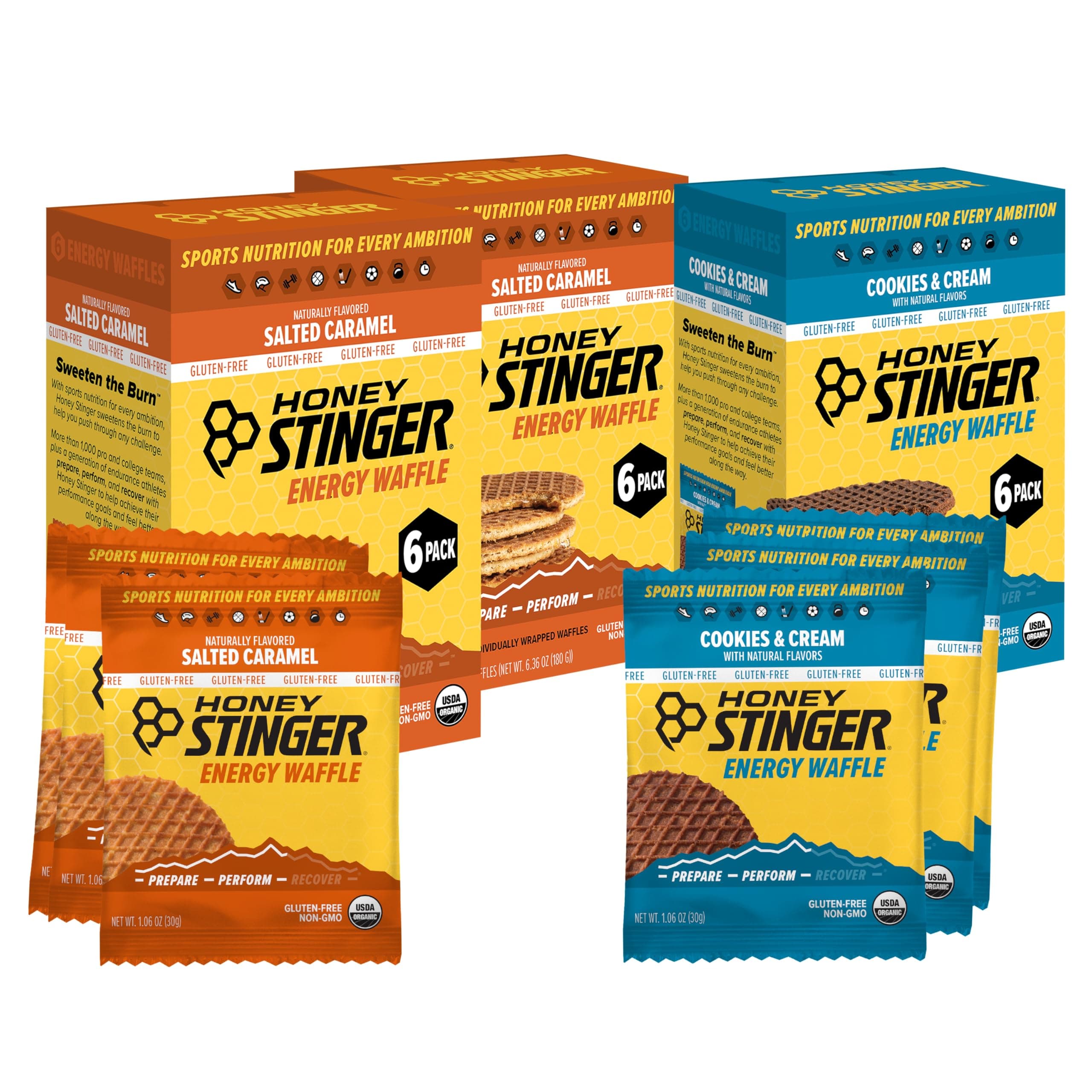 Honey Stinger Organic & Gluten Free Energy Waffle Variety Pack 12 Salted Caramel and 6 Cookies & Cream Waffles Nutritious Stroopwafel Snack for Exercise, Endurance and Performance