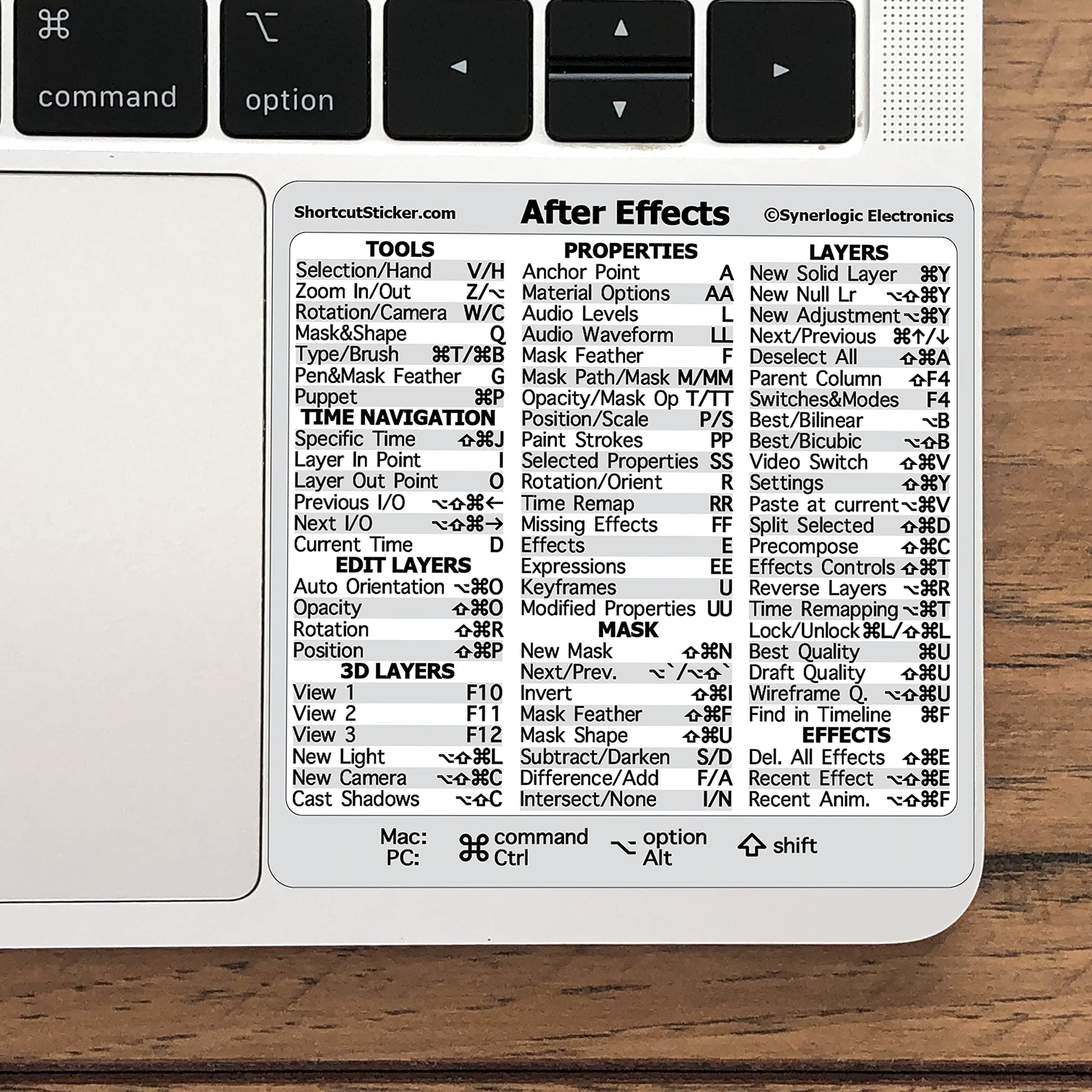 Synerlogic Adobe After Effects Quick Reference Keyboard Shortcut Sticker, No-Residue Laminated Vinyl, for Any MacBook or Windows PC