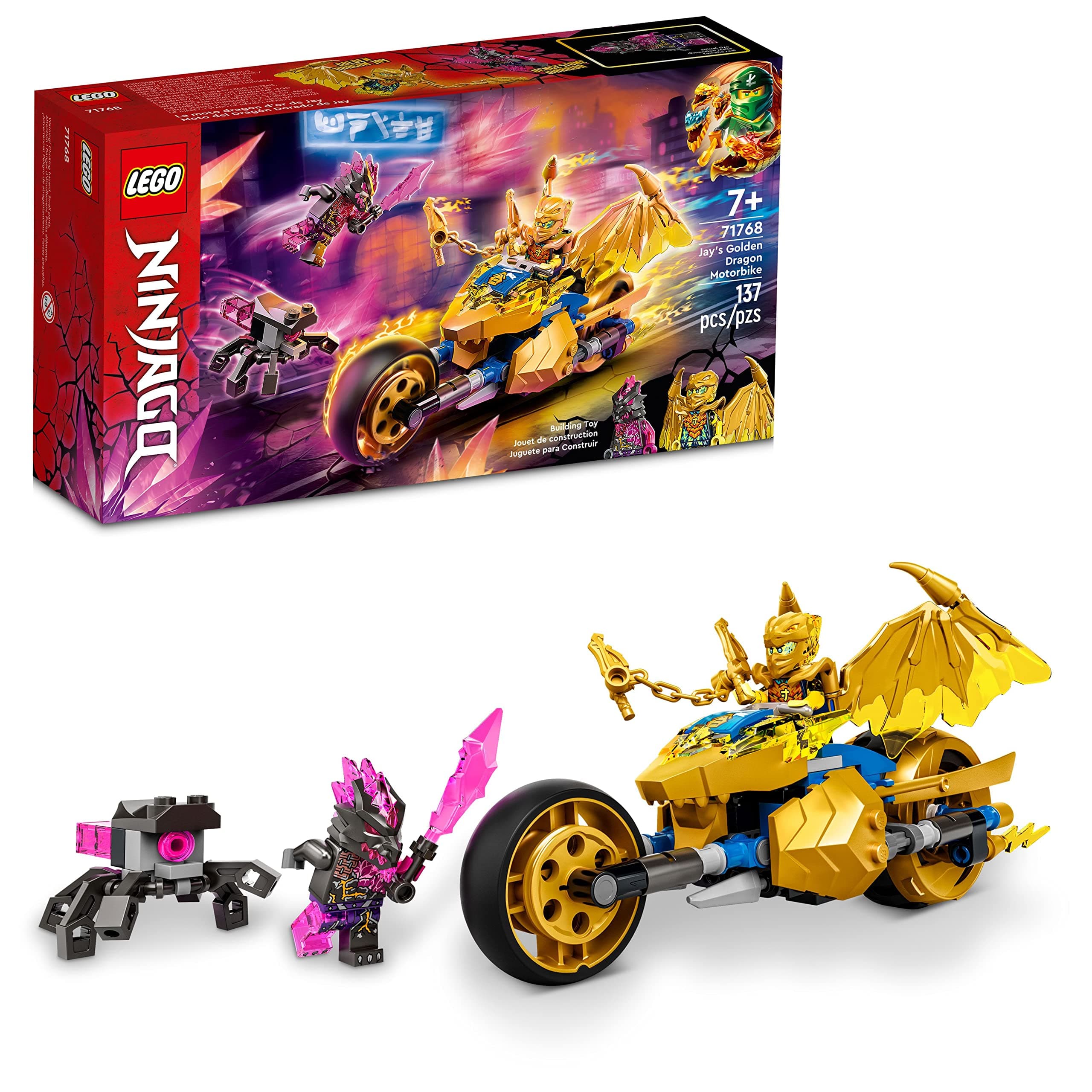 NINJAGO Jay's Golden Dragon Set, 71768 Toy Motorcycle with Dragon, Spider Figure and Jay Minifigure, Birthday Gift Idea for Kids 7 Plus