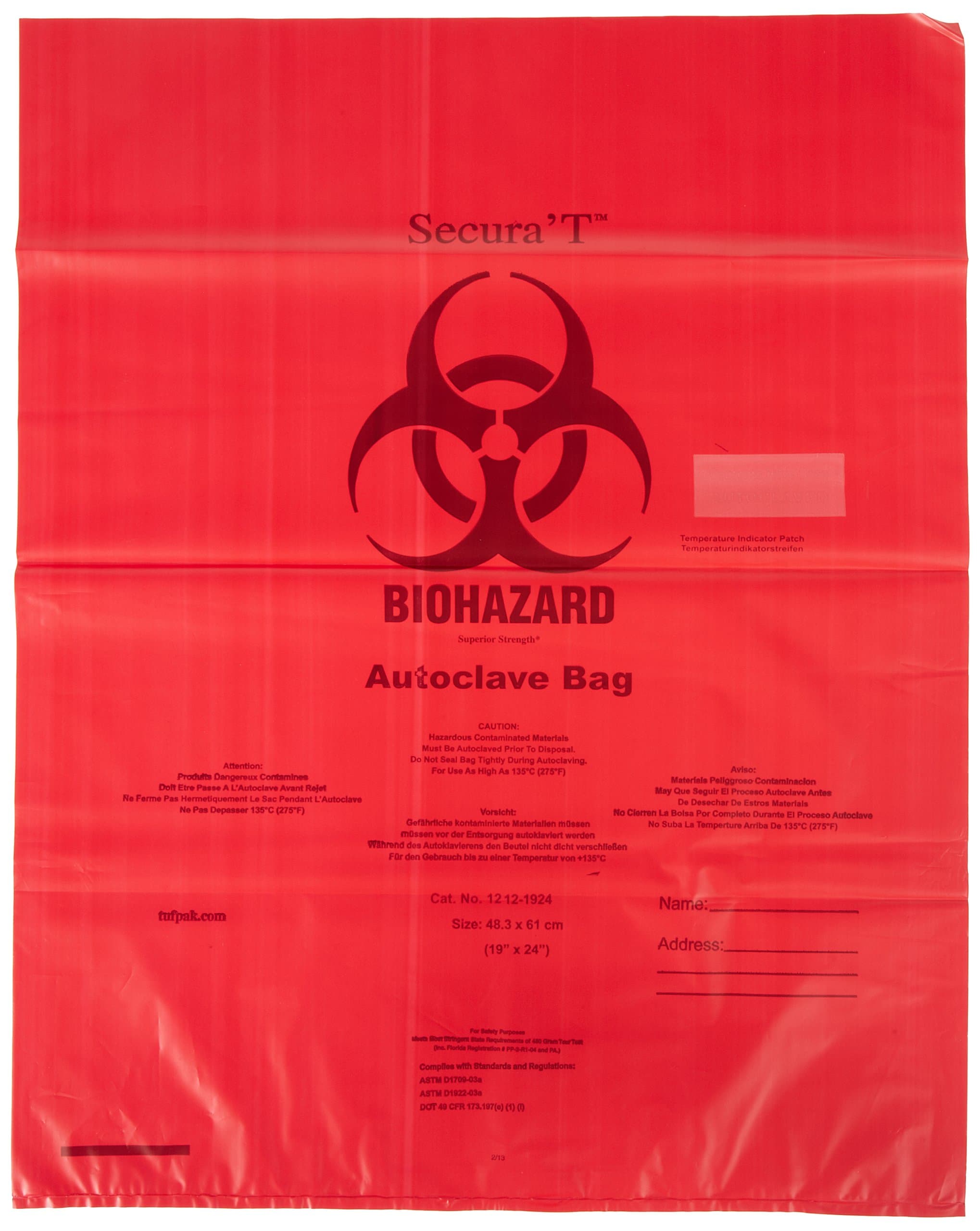 Tufpak 1212-2436 Polypropylene Autoclavable Biohazard Bag, Red, 24" W x 36" H (Case of 200)