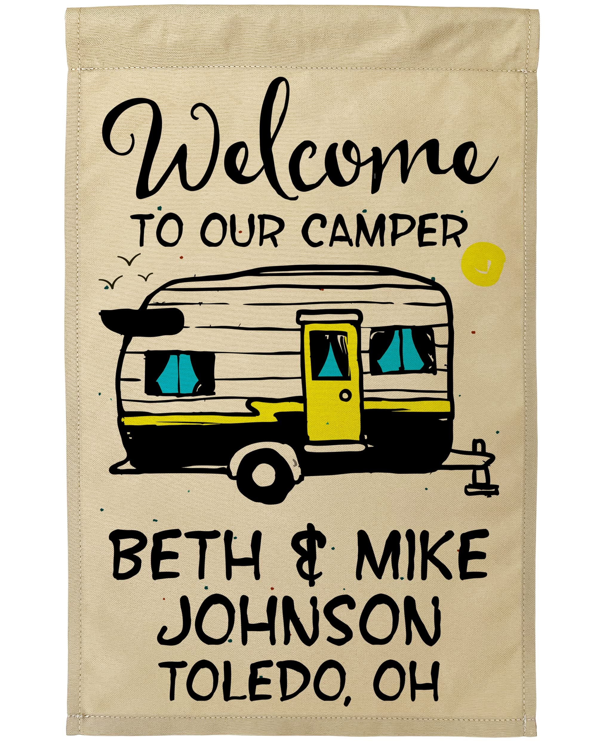 Happy Camper World Welcome to Our Camper Personalzied Camping Flag, Vintage Trailer with 3 Lines of Custom Text, Yellow Accent Printed on Tan Fabric