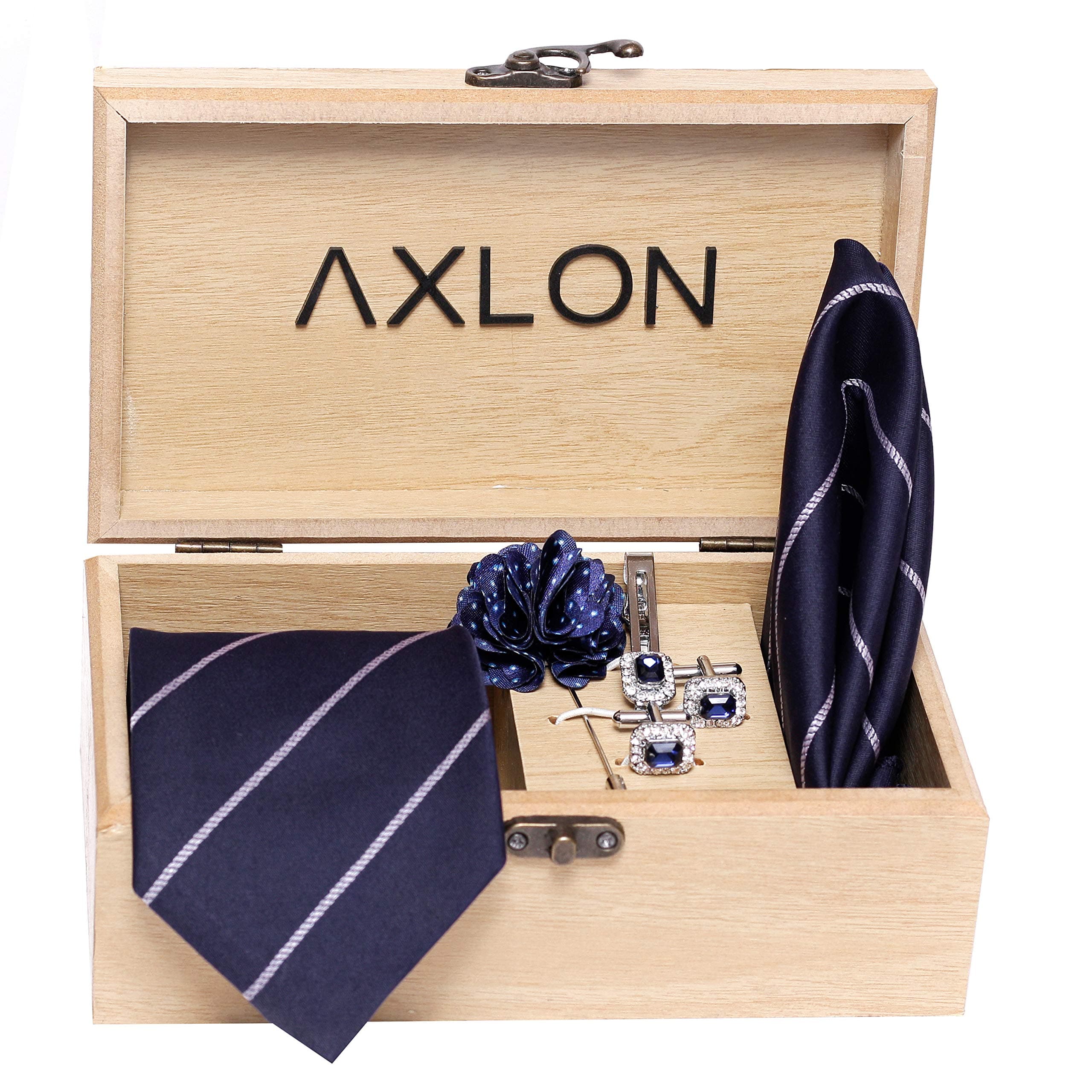 Tie for Men – Micro Silk Neck Ties Set with Cufflinks Flower Pin, Pocket Square & Black Gift Box, Combo Necktie Sets for Office Wear, Formal Suits & Weddings (Blue, TieAxlon-BlueB1)