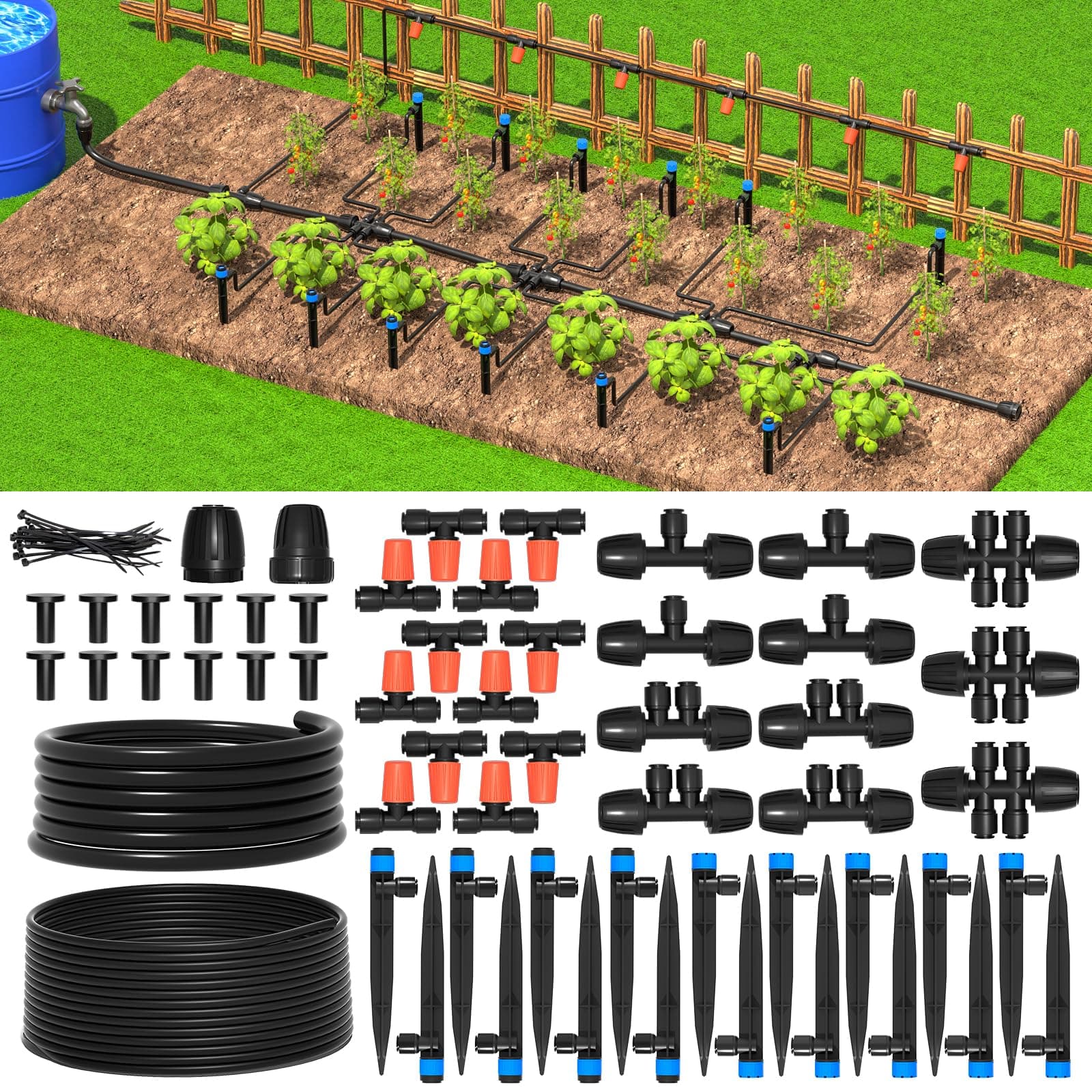 MIXC Greenhouse Micro Drip Irrigation Kit Automatic Irrigation System Patio Misting Plant Watering System with 1/4 inch 1/2 inch Irrigation Tubing Hose Adjustable Nozzle Emitters Barbed Fittings