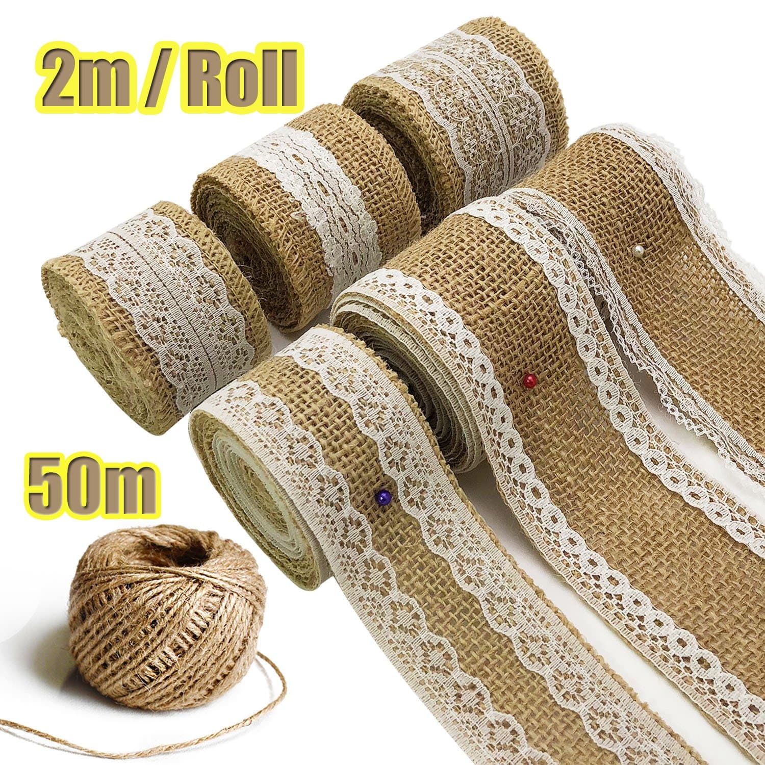7 Rolls Hessian Ribbon - Hessian Lace Ribbon Burlap Jute Lace Ribbon Jam Jars for Rustic Wedding Decorations DIY Handmade Available in 3cm 5cm 6cm Widths and 164 Feet Jute Twine