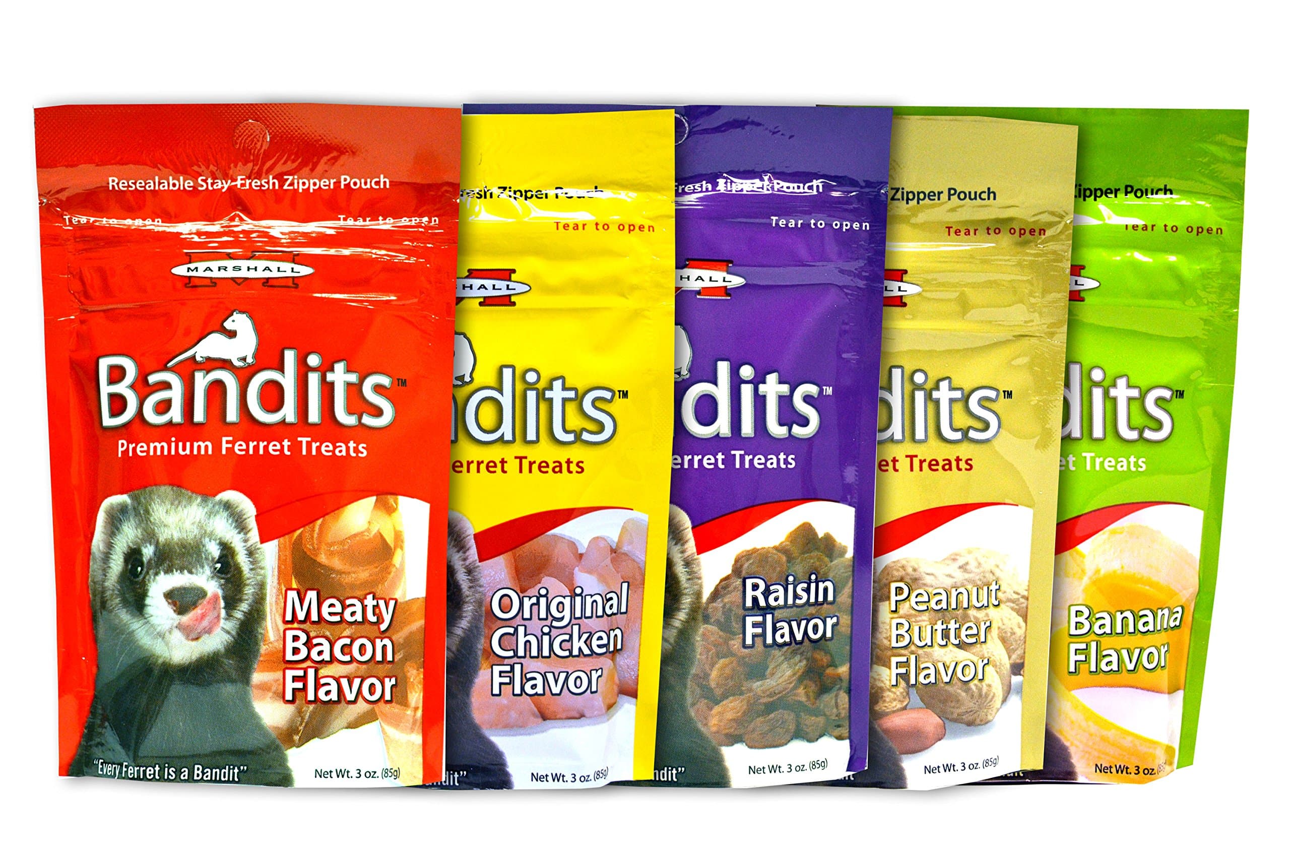Marshall Bandits Premium Ferret Treats Variety Pack - 5 Flavors (Chicken, Raisin, Peanut Butter, Banana, and Meaty Bacon) - 3 Ounces Each (5 Total Pouches)