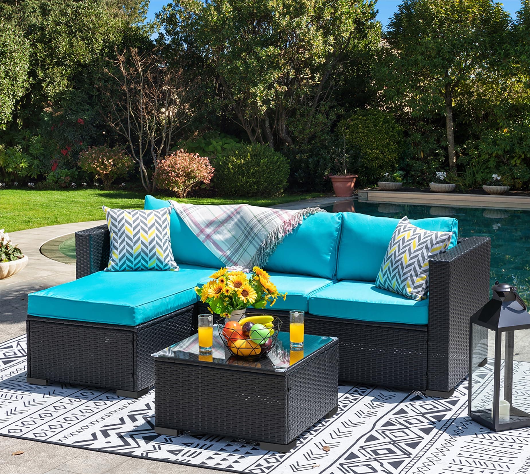 WalsunnyPatio Furniture Set 3 Piece Outdoor Sectional Patio Sofa, All Weather Wicker Rattan Outdoor Furniture with Glass Table and Cushions(Black/Blue)