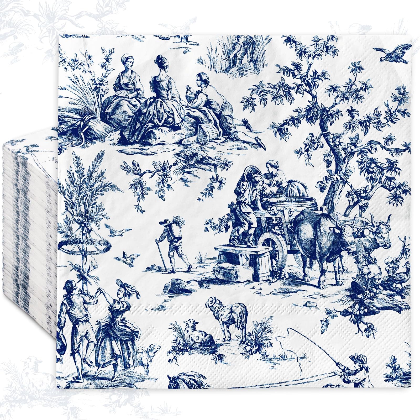 JarThenaAMCS 80 Sheet Blue White Paper Napkins French Village Printed Disposable Napkins Farmhouse Decorative Luncheon Dinner Napkin for Party Supplies Table Decor, 6.5 x 6.5 Inch