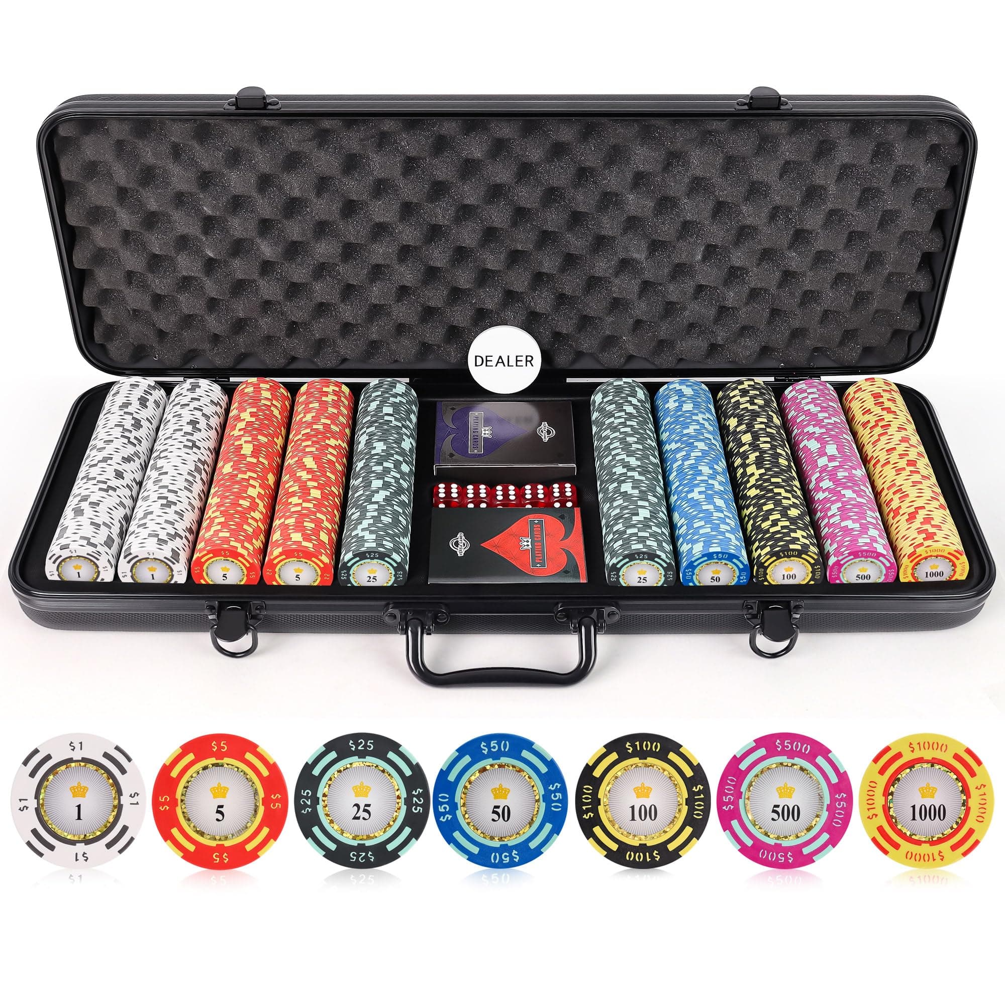 Poker Chips - Clay Poker Chips Set - 13.5g 500 Piece Crown Casino Poker Set with Numbers Denomination - Upgraded Poker Set Case