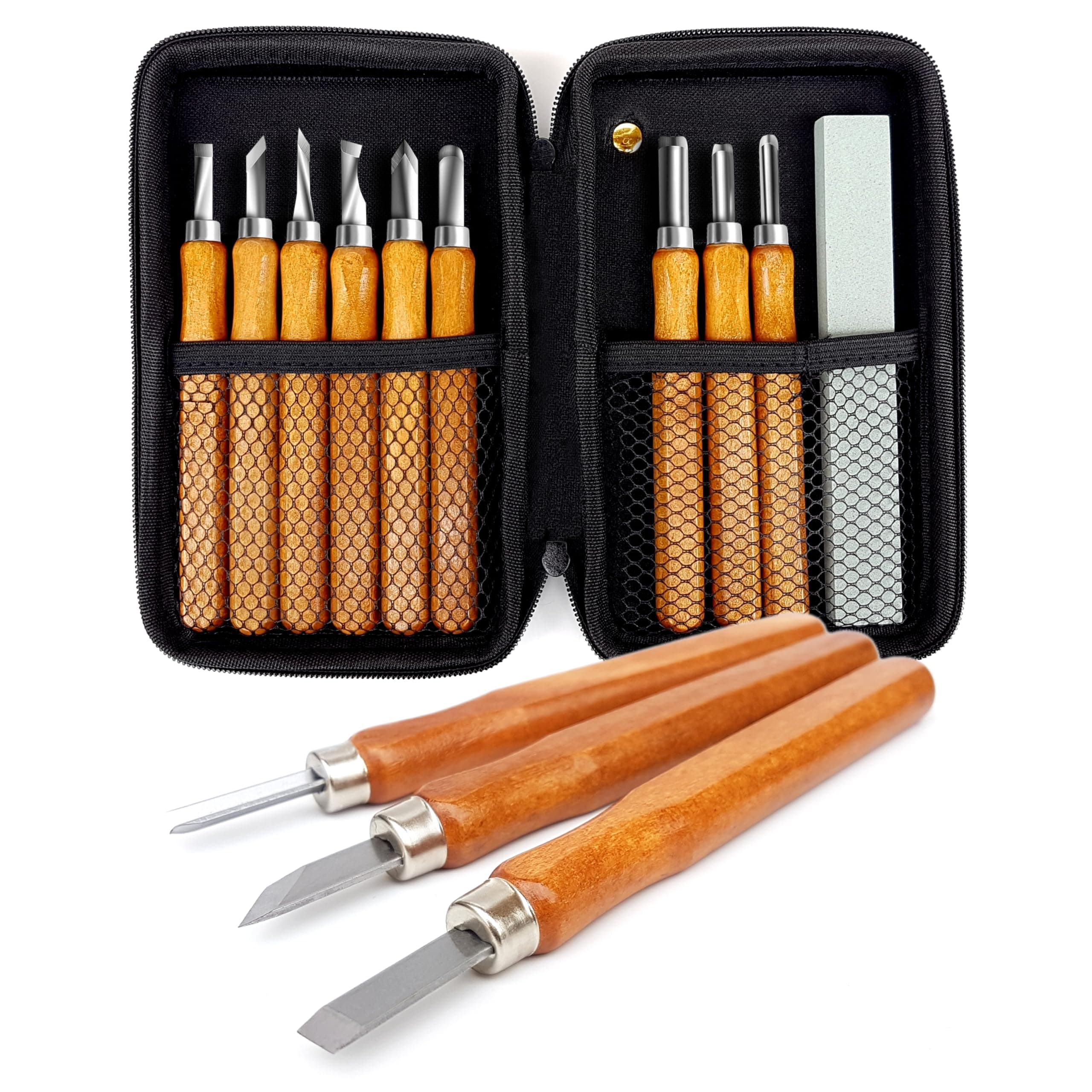 14 Piece SK5 Carbon Steel Wood Carving Tool Set with Whetstone and Protective Case