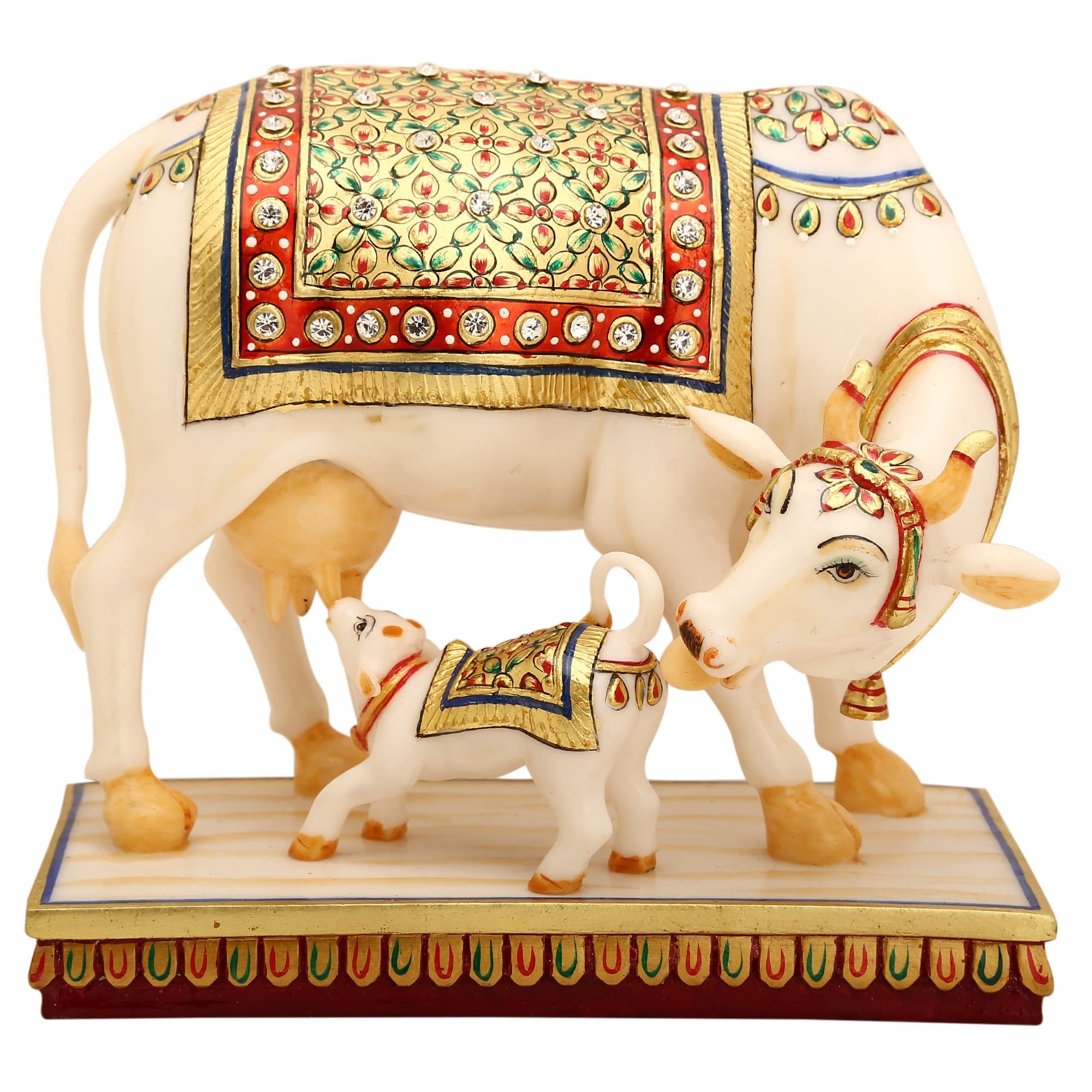 Marble Dust Kamdhenu Cow & Calf Brass Sculpture- Religious Kamdhenu Cow Calf Statue-Mother Child Love