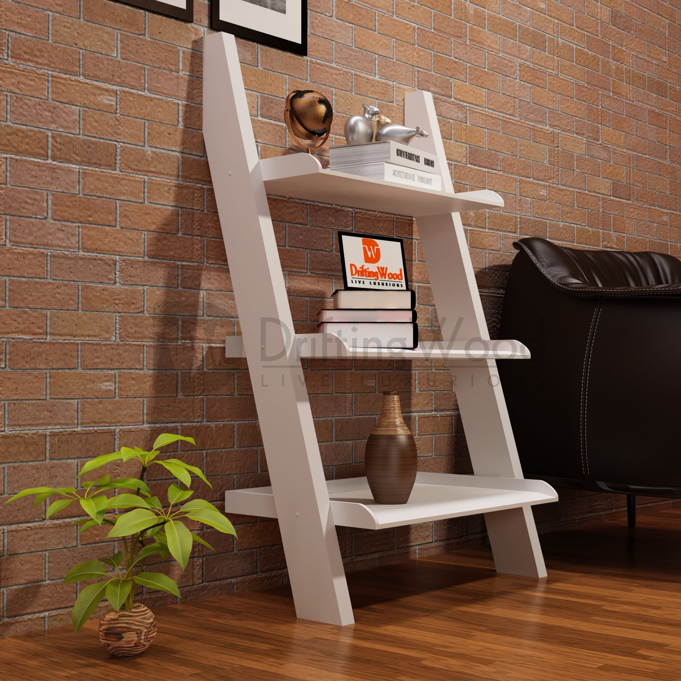 DRIFTINGWOOD MDF Wooden Ladder Shelf Bookcase for Living Room - White