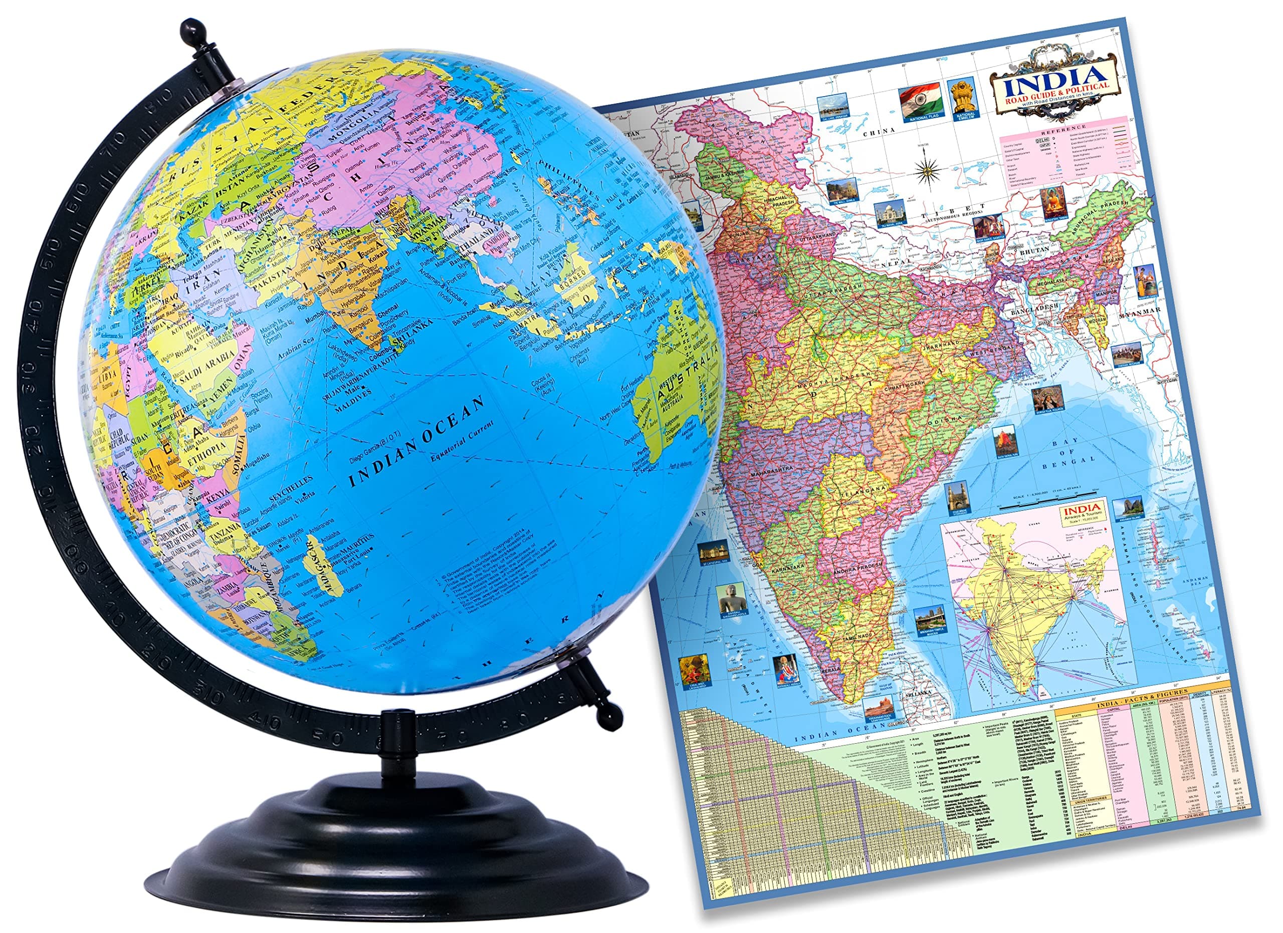 Zest 4 Toyz Educational Globe - 13 Inch Height Metal Black Base With India Political Map (70 x 100 cm) - World Globe for Home and Office Decor, Gift Item, Show Piece