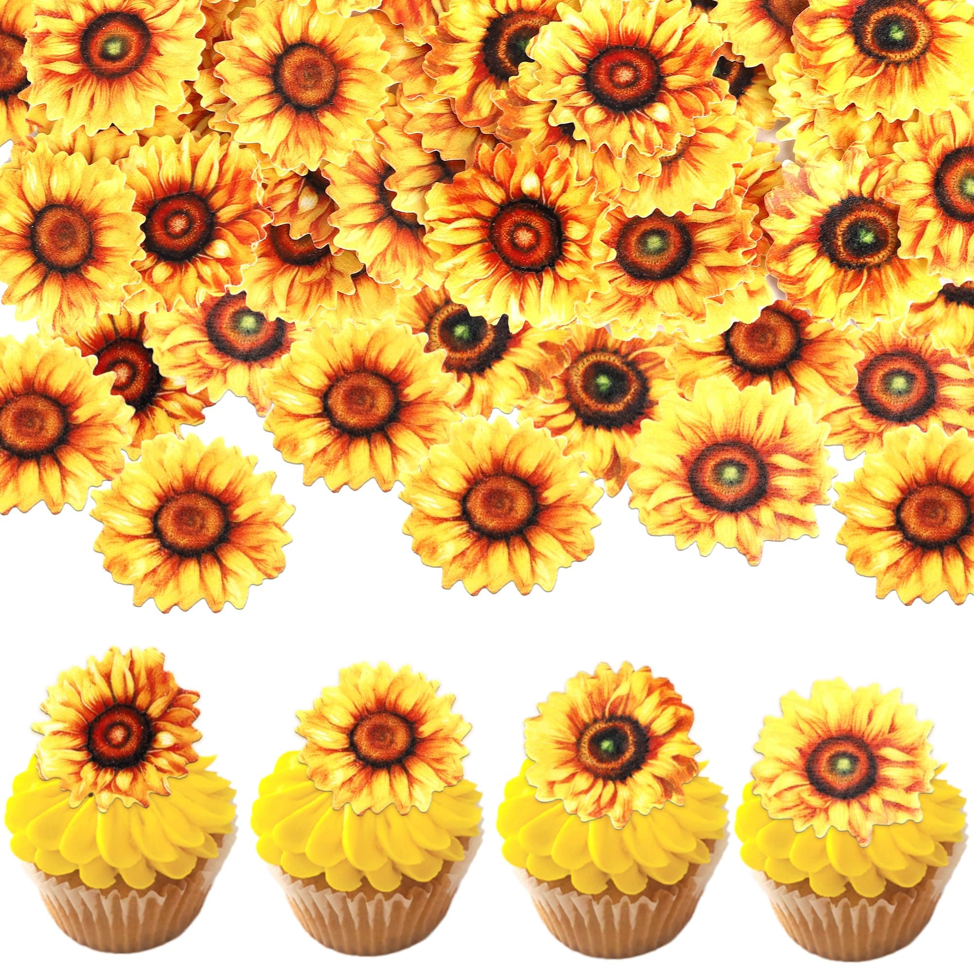 Xsstarmi 60 Pack Edible Sunflower Cupcake Toppers Rice Paper Sunflower Cupcake Picks for Baby Shower Wedding Birthday Anniversary Party Cake Decorations Supplies