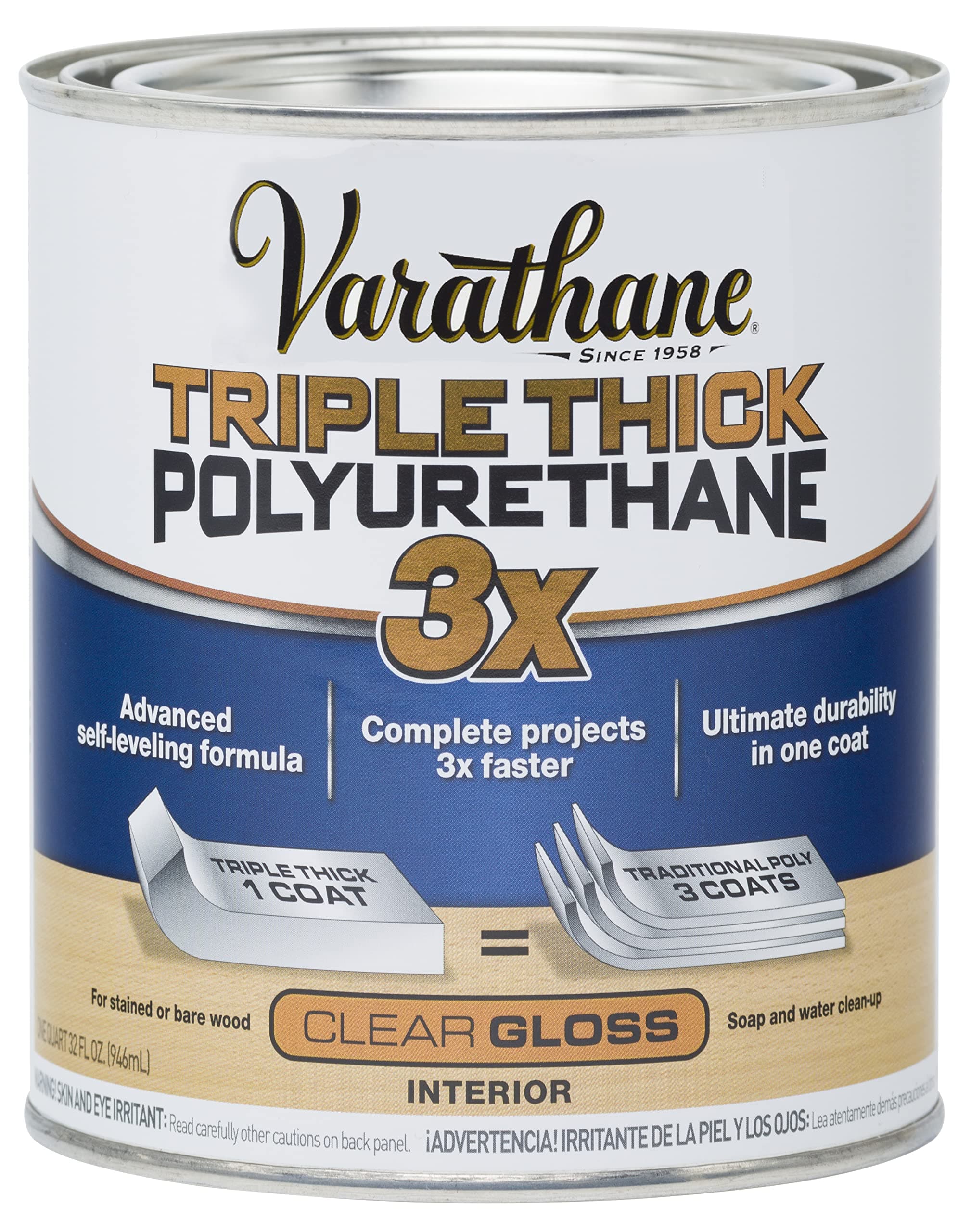 Varathane Triple Thick Polyurethane Clear Wood Finish | Self-Leveling Formula | Scratch And Stain Resistance | Durability In One Coat | Gloss | Quart