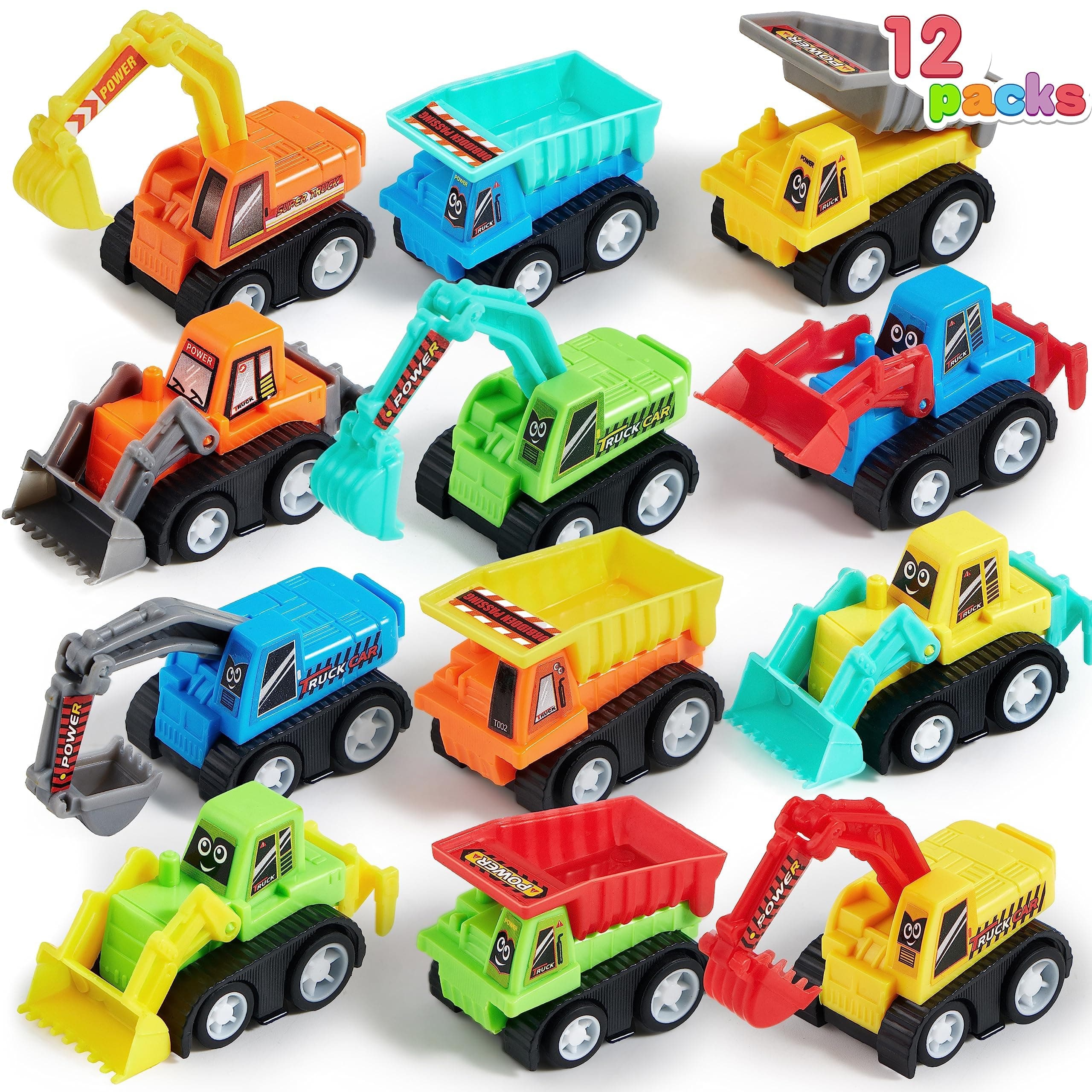 JOYIN 12PCS Mini Pull Back Car Set, Construction Vehicles Excavators Truck Toy, Digger Toys, Birthday Gift, Friction Powered Race Cars Set for Boys & Girls Age 3-5