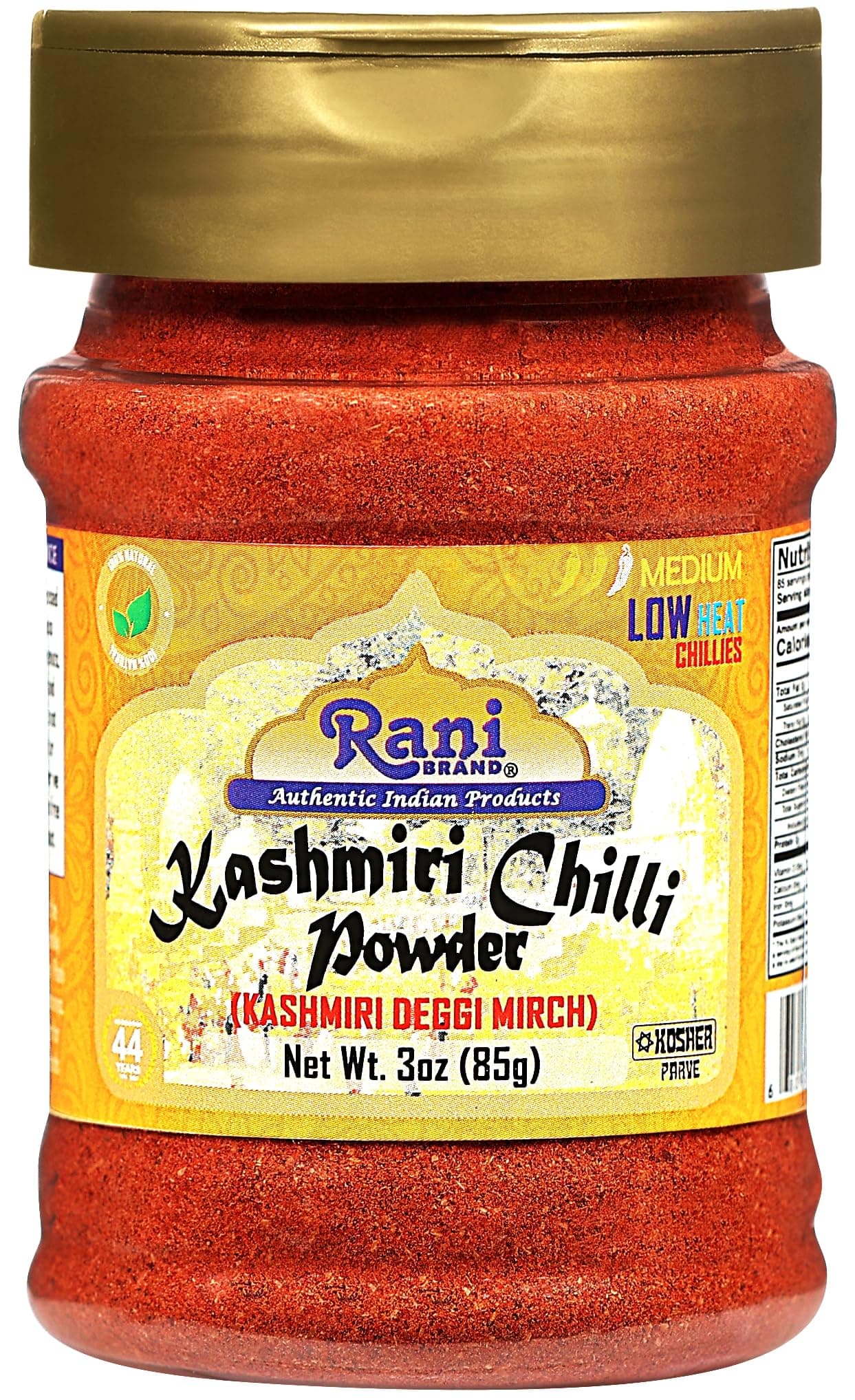 Rani Kashmiri Chilli Powder (Deggi Mirch, Low Heat) Ground Indian Spice 3oz (85g) PET Jar ~ All Natural | Salt-Free | Vegan | No Colors | Gluten Friendly | NON-GMO | Indian Origin