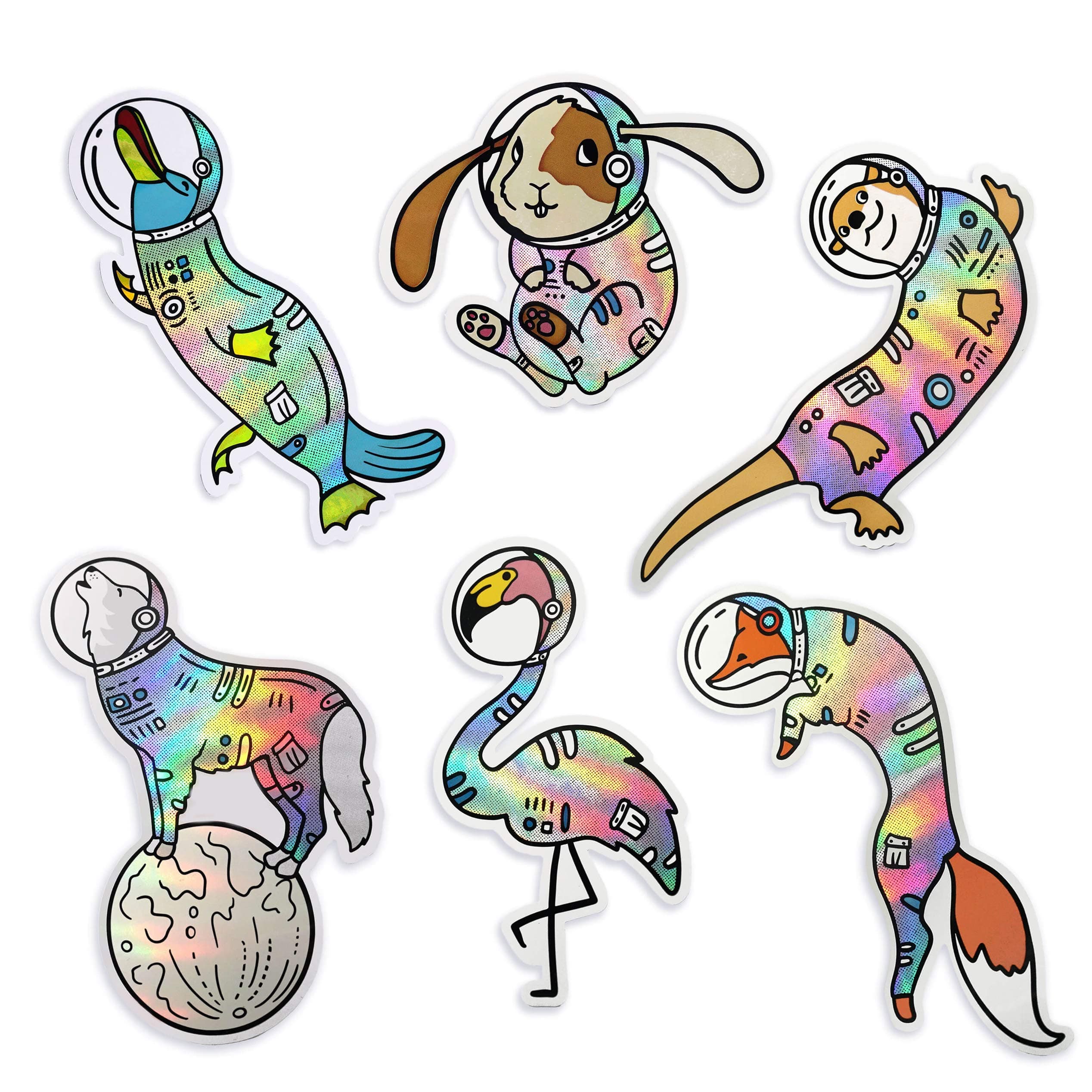 Space Animals 4.5" Stickers Holographic Astronaut Vinyl Decal Rainbow Set