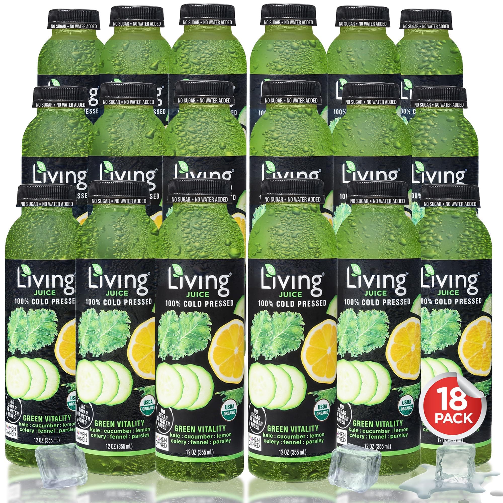 O2 LivingGreen Vitality Organic Juice Drink - 12oz, 18 Pack - Cold-Pressed Juice Drink, No Added Sugars or Water, Natural Sweetness from Fruits, Packed with Nutrients & Vitamins, Refreshing, Non-GMOUSDA Organic