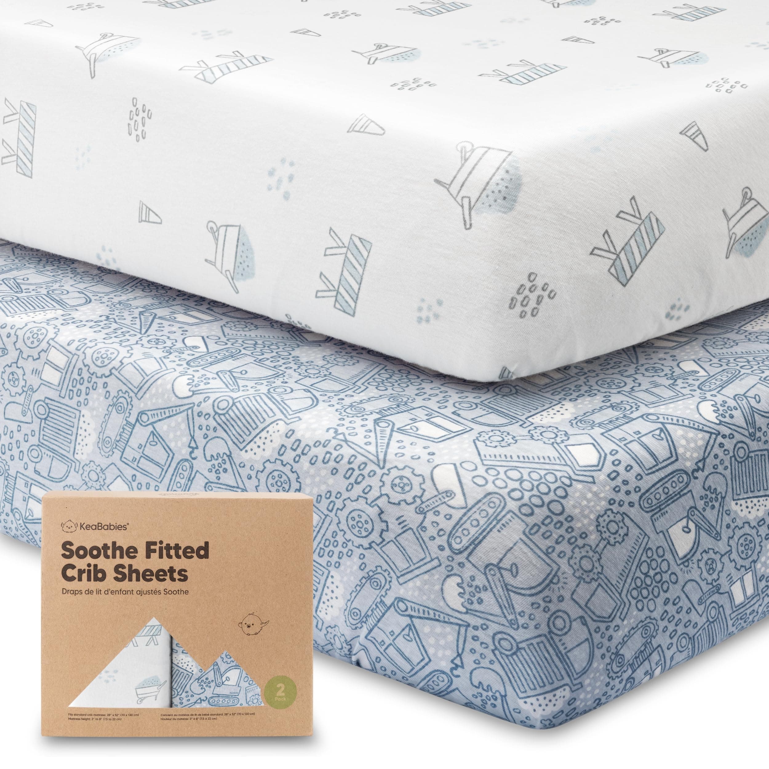2-Pack Organic Crib Sheets for Boys and Girls - Jersey Fitted Cotton Sheet, Soft Baby Bedding, Unisex Neutral Mattress Cover (Excavation)