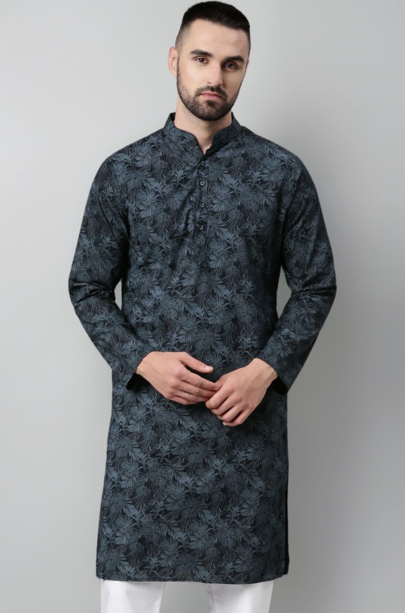 Men's Cotton Regular Fit Casual Mandarin Collar Ethnic Motifs Printed Long Regular Kurta