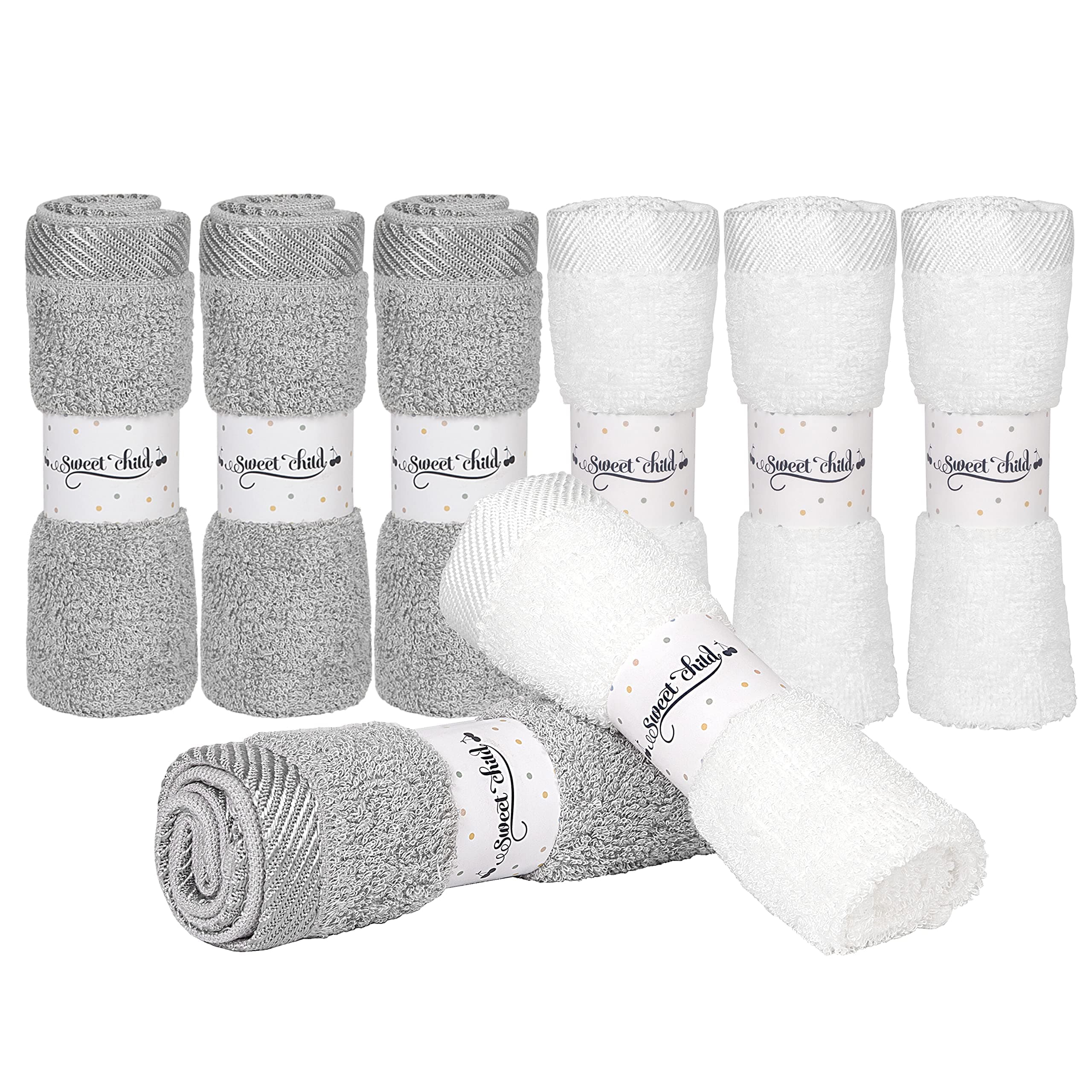 Sweet Child 8-Pack Baby Washcloths -Super Soft Rayon,Wash Cloths for Newborn,Infants and Kids, Bath Baby Towels, for Body and Face (Grey/White)