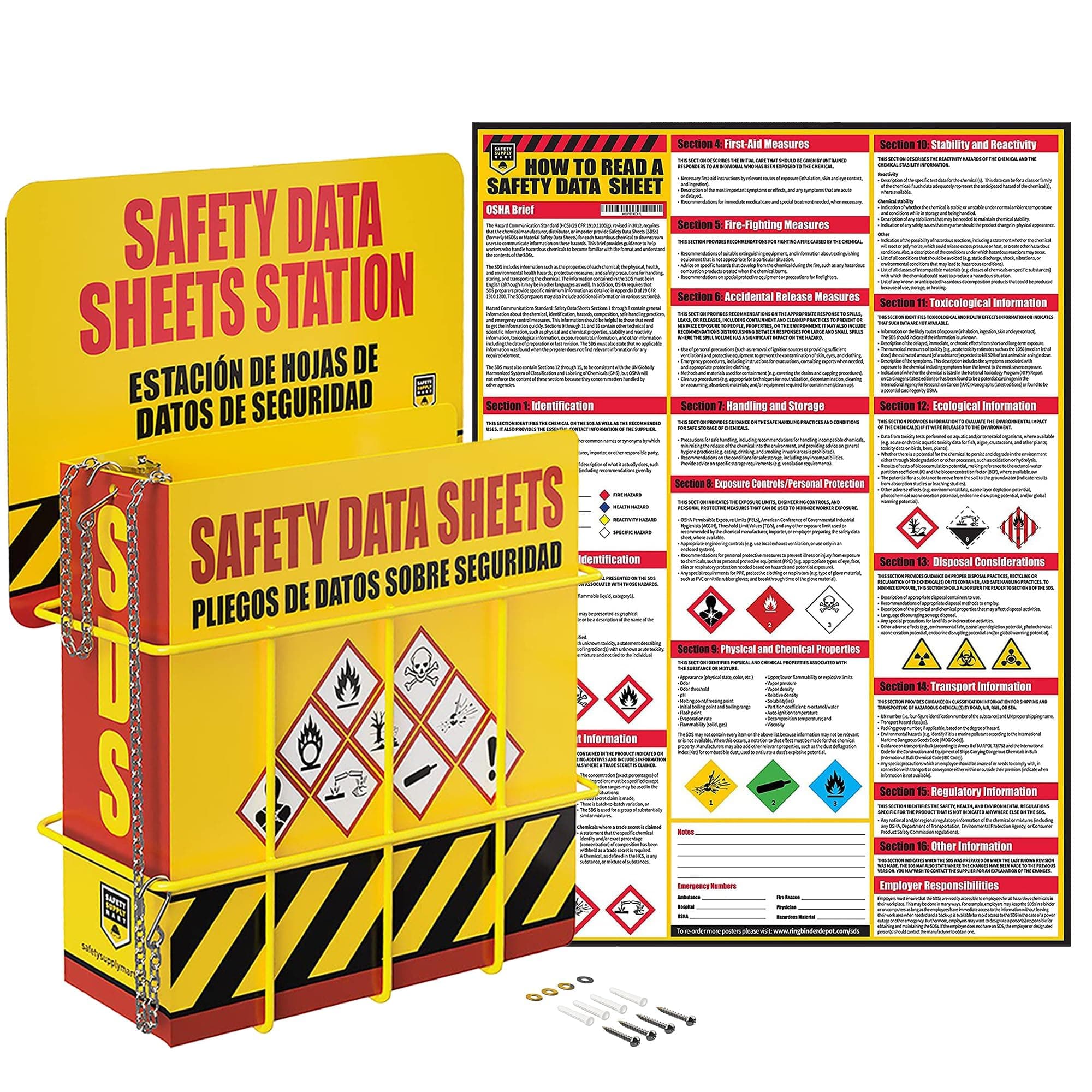 SDS表示ラック – Complete Set withリングバインダー、ワイヤラック、SDS駅サイン、チェーン、プラスフリーSDSポスター、取り付けハードウェアBilingual with英語/スペイン語、頑丈3インチ容量Holds 600パック