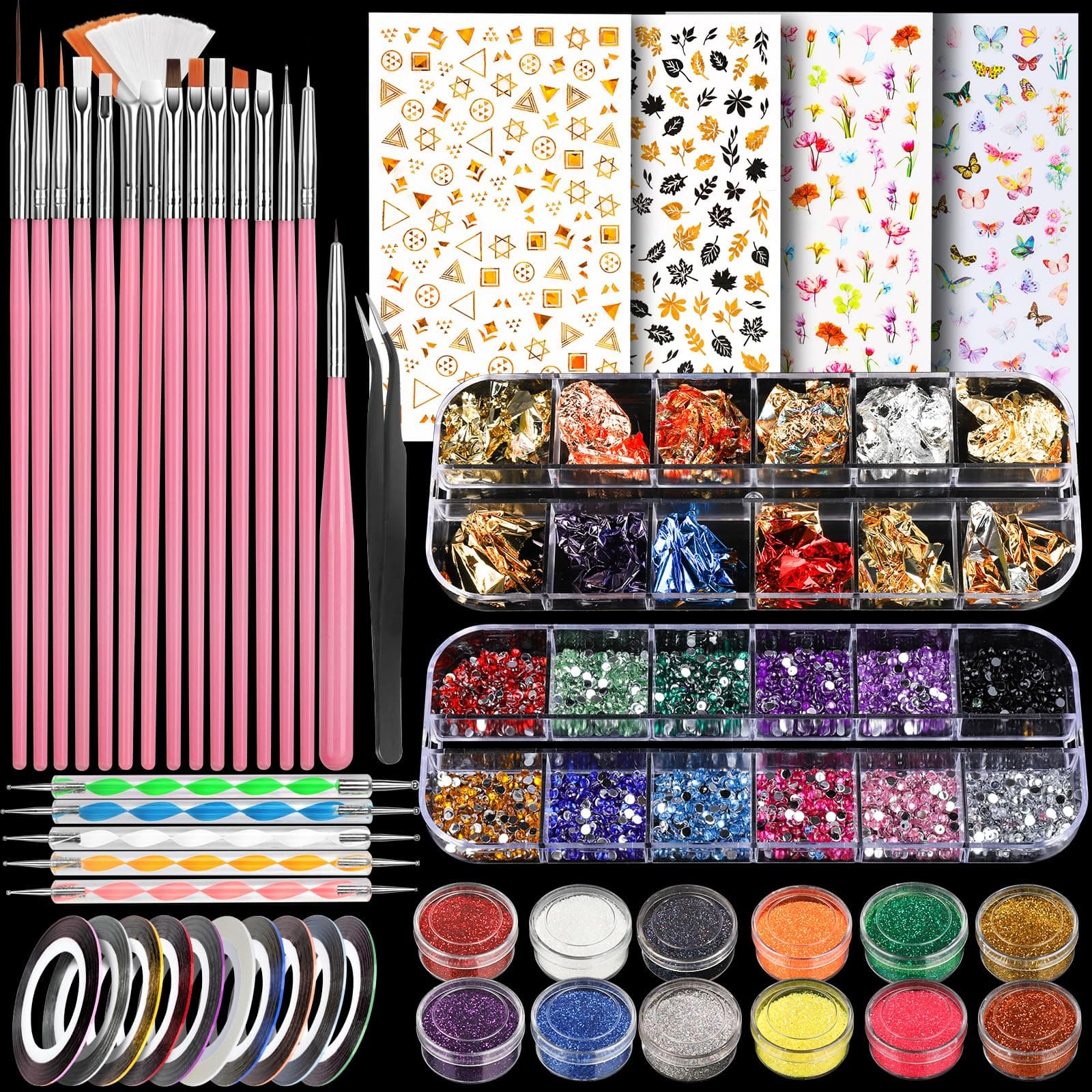 Teenitor Nail Art Kit with Nail Glitter, Nail Art Brushes & Nail Sticker for Gel Nails Art, Nail Gems Nail Accessories Tool for Teenage Girls, Nail Art Pens Nail Dotting Tool for Beginners