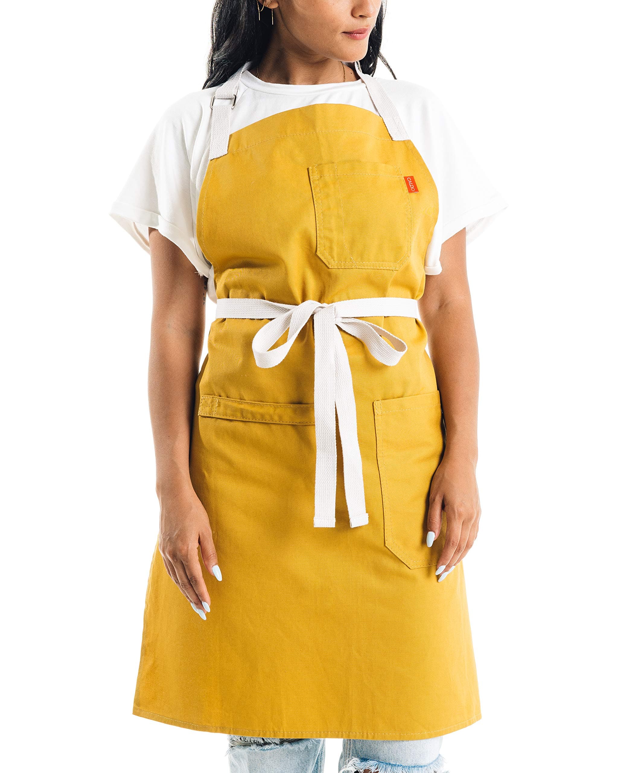 Daily Cotton Kitchen Apron for Cooking- Mens and Womens Professional Chef or Server Bib Apron - Adjustable Straps with Pockets and Towel Loop (Mustard)