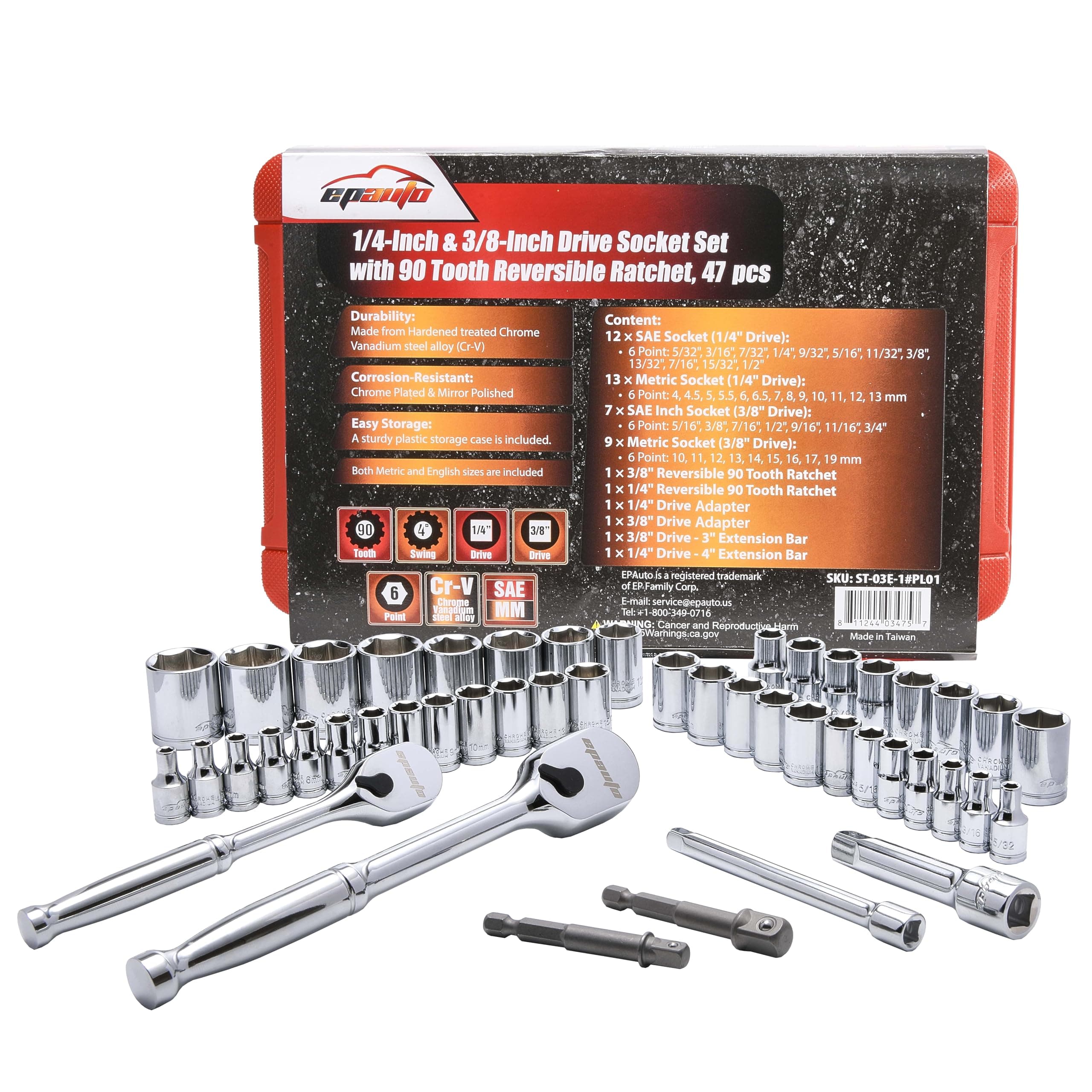 47 Pieces 1/4-Inch and 3/8-Inch Drive Socket Set with 90 Tooth Reversible Ratchet