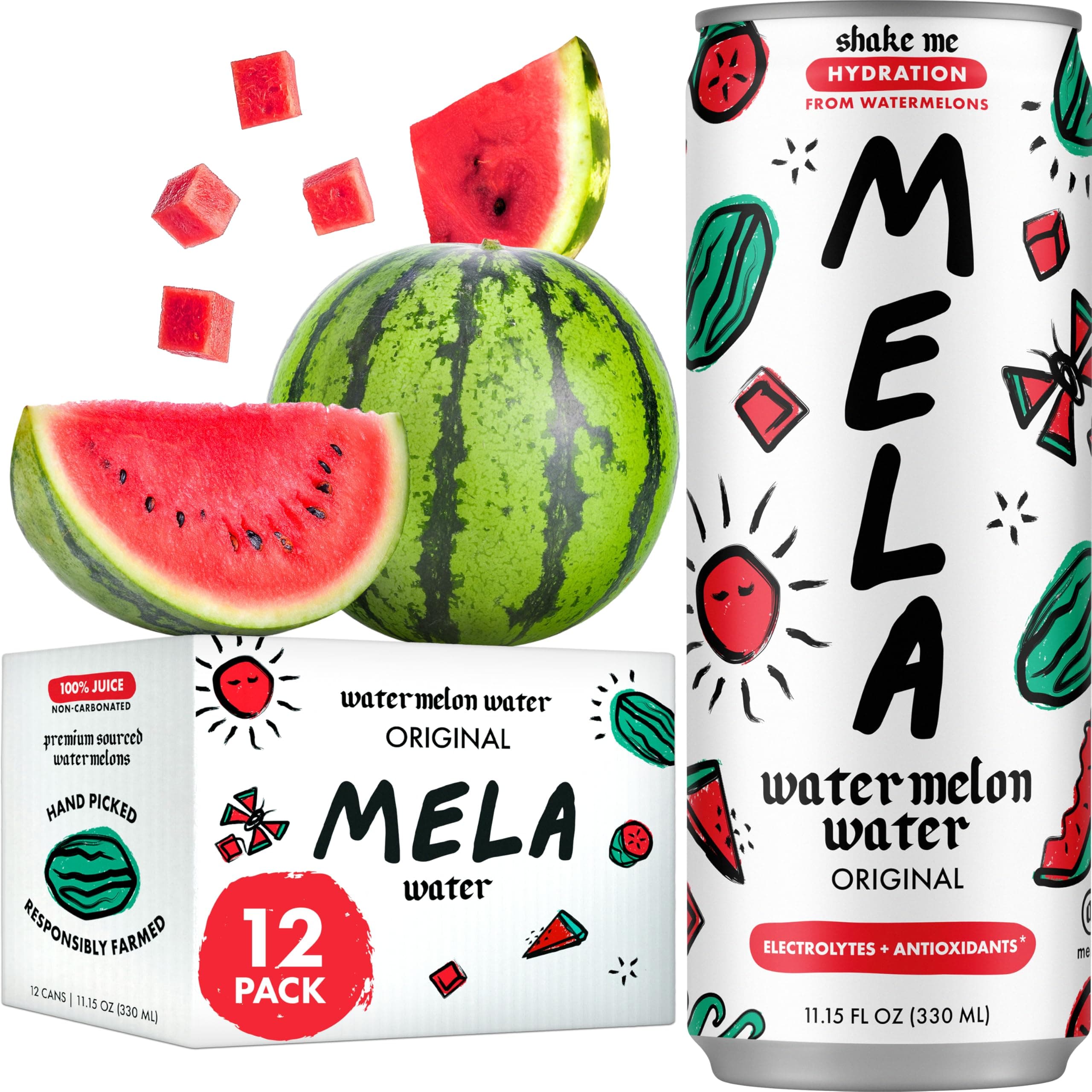 Mela Watermelon Water - Watermelon Juice, 100 Percent Natural Fruit Juice with Vitamin C, Electrolytes, Antioxidants - Coconut Water Alternative, Gluten-Free (Original, 11.15 fl oz, 12-pack)