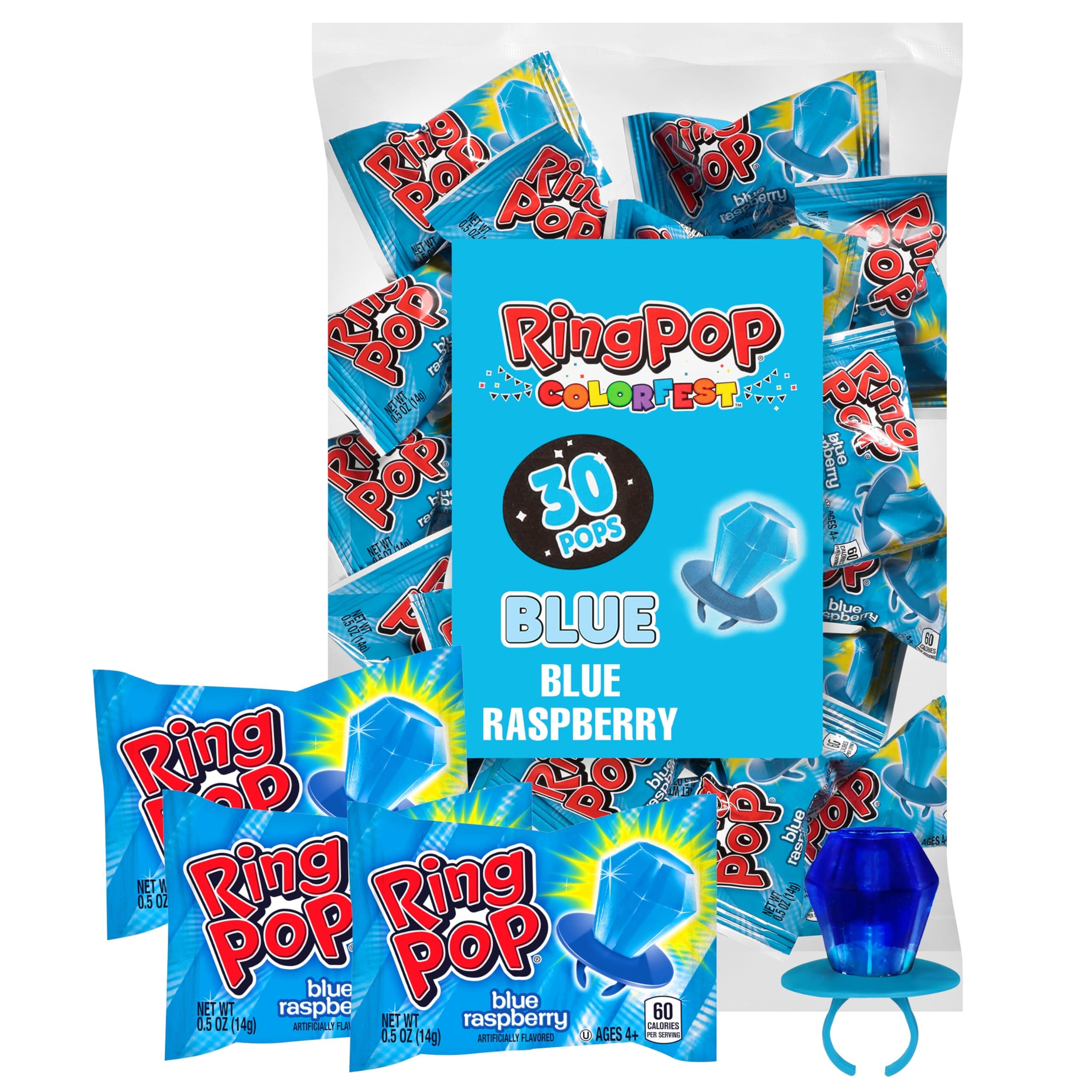 Ring Pop Individually Wrapped Blue Candy 30 Count Bulk Lollipop Pack – Raspberry Flavored Lollipop Suckers for Kids, Fun Candy Bulk for Gender Reveal & Bachelorettes, Kids Party Favors