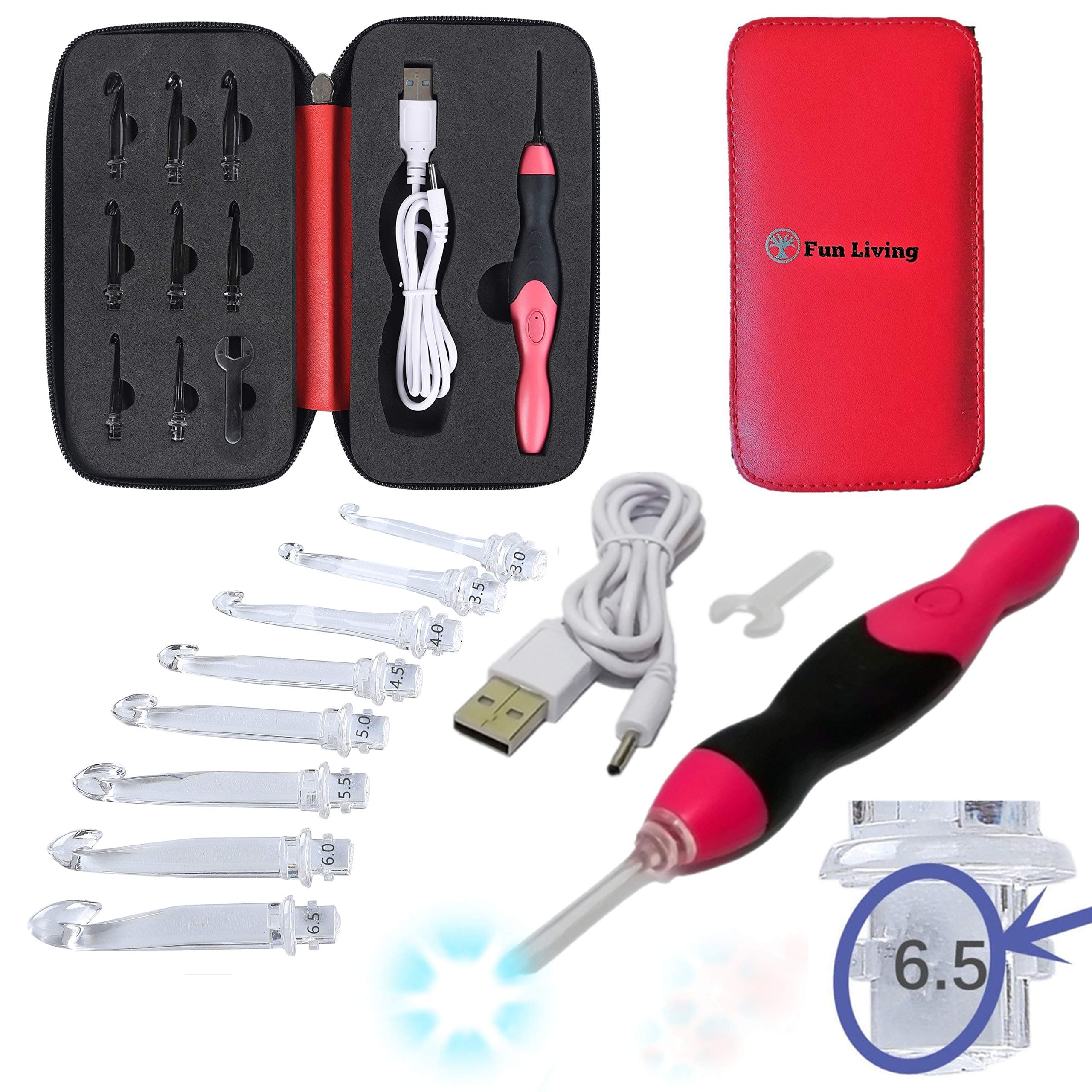Fun Living Rechargeable Ergonomic Handle Lighted Crochet Hooks 9 in 1 Compact LED Dimmable Complete Set with 9 Interchangeable Heads 2.5mm to 6.5mm Light up Zip Case