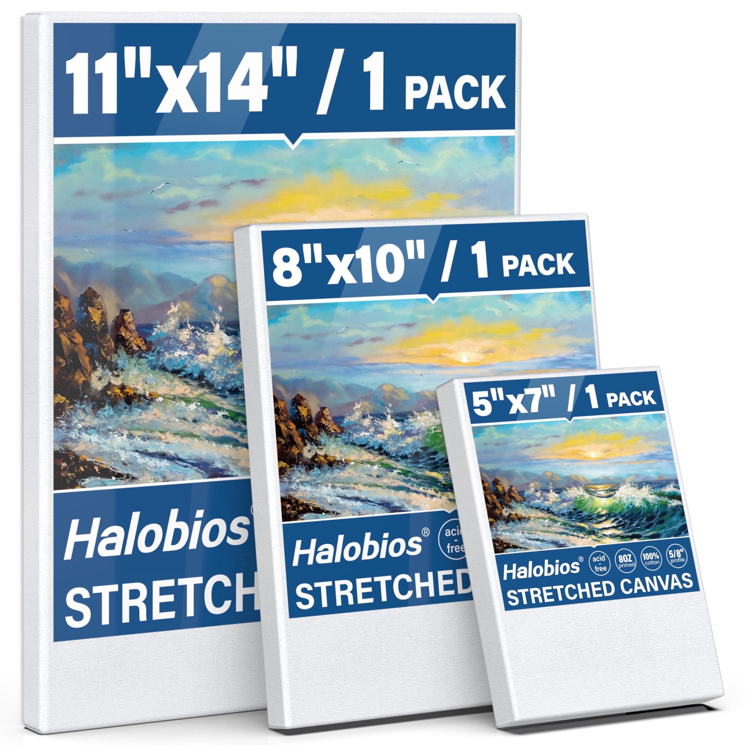 Stretched Canvases for Painting with 11x14 Inch, 5x7 Inch, 8x10, Painting Canvas for Acrylics,Oils & Other Painting Media, 5/8 Inch Profile 100% Cotton Artist Framed Canvas(3 Packs)