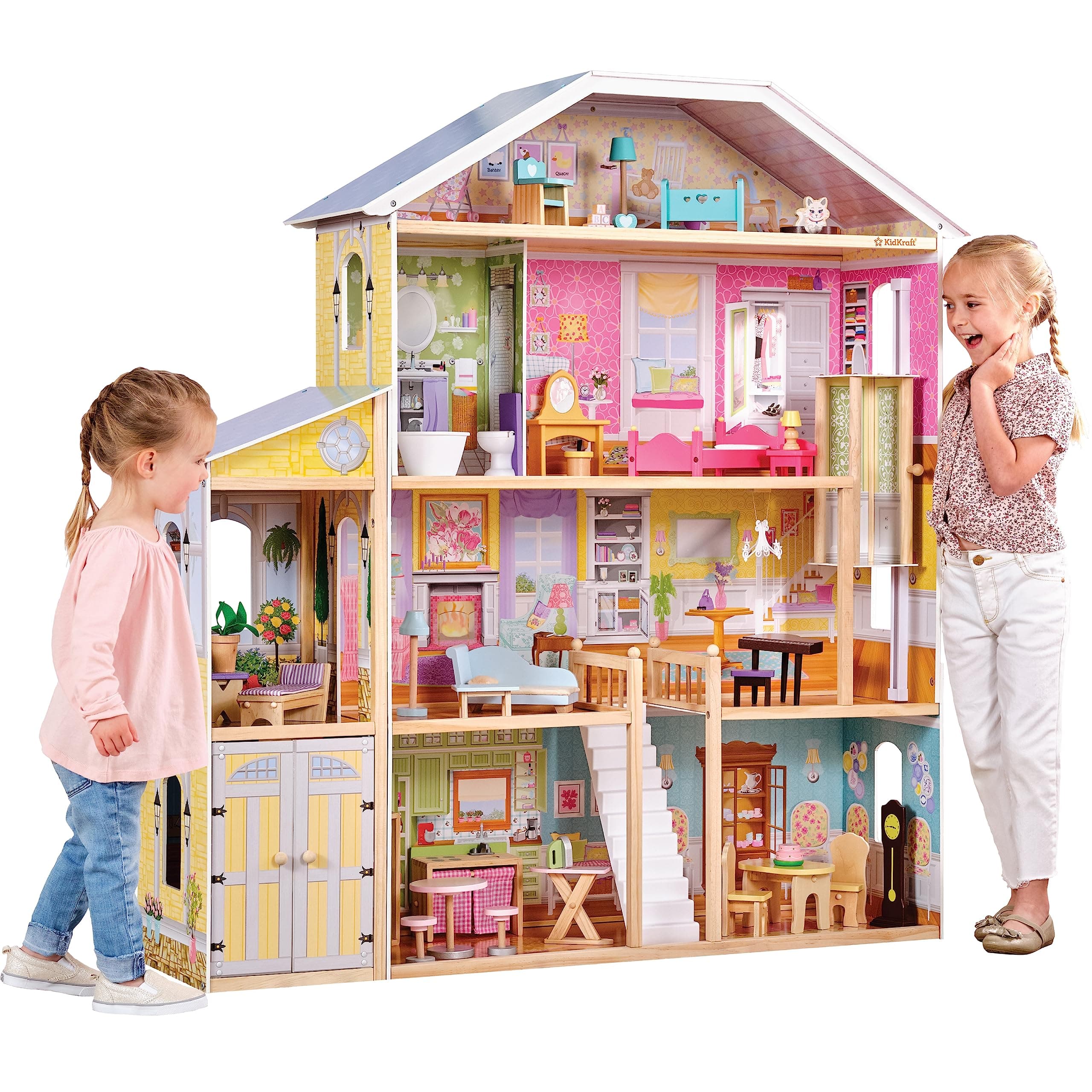 Majestic Mansion Wooden Dollhouse with 34-Piece Accessories, Working Elevator and Garage, Gift for Ages 3+