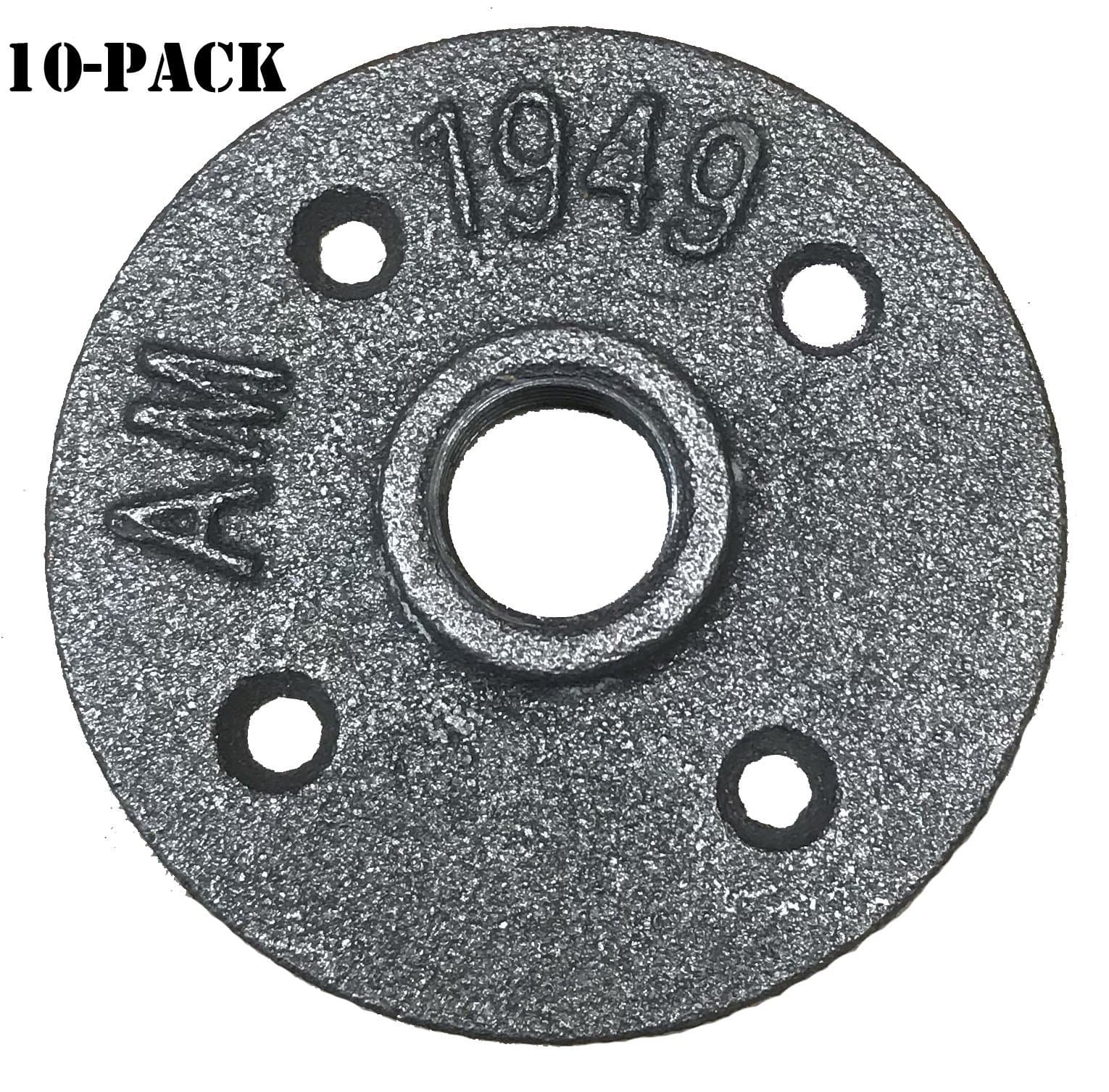 William Roberts Vintage 10 Pack Black Floor Flange Pipe Fitting, DIY Pipe Shelf Mounting Base, Industrial Pipe Furniture Fittings, NO China Stamp (1/2")