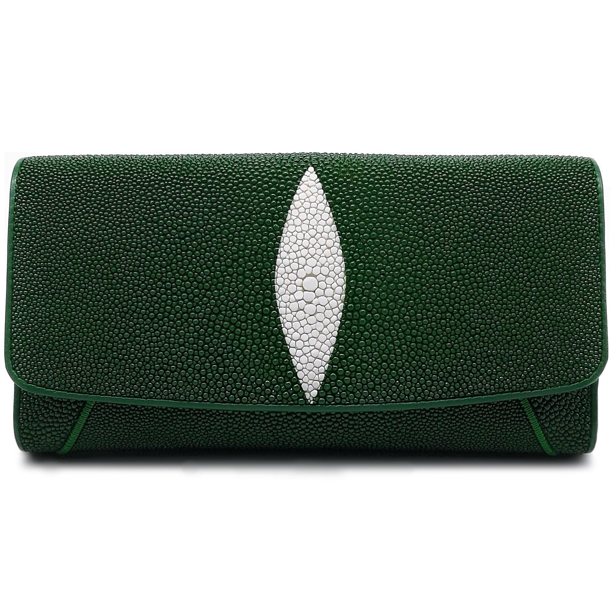 Stingray Genuine Leather Wallet Lady Classic Trifold Plain Color Size 18.5x9.5x3.5 CM (Dark Green)