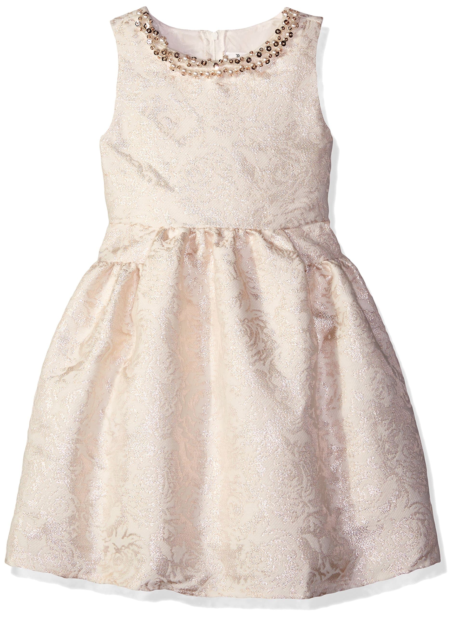 Rare Editions Girls' Beige Flower Print Brocade Dress
