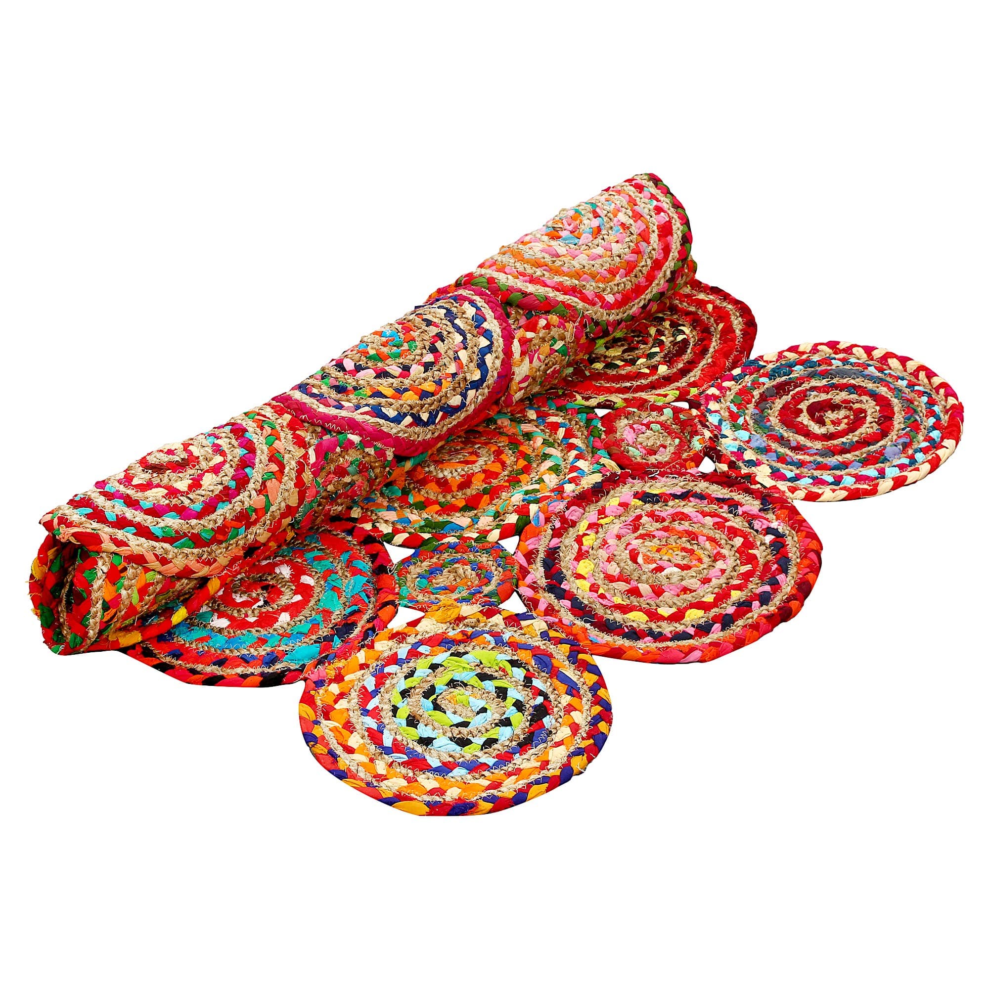 Aakriti Gallery Fair Trade Natural color Round patch with Rectangular shape Handmade Cotton and Jute Rug Chindi Rug Multi Colored Indian Mat Recycled Rug Boho Decorative Rug (90x60 cms)