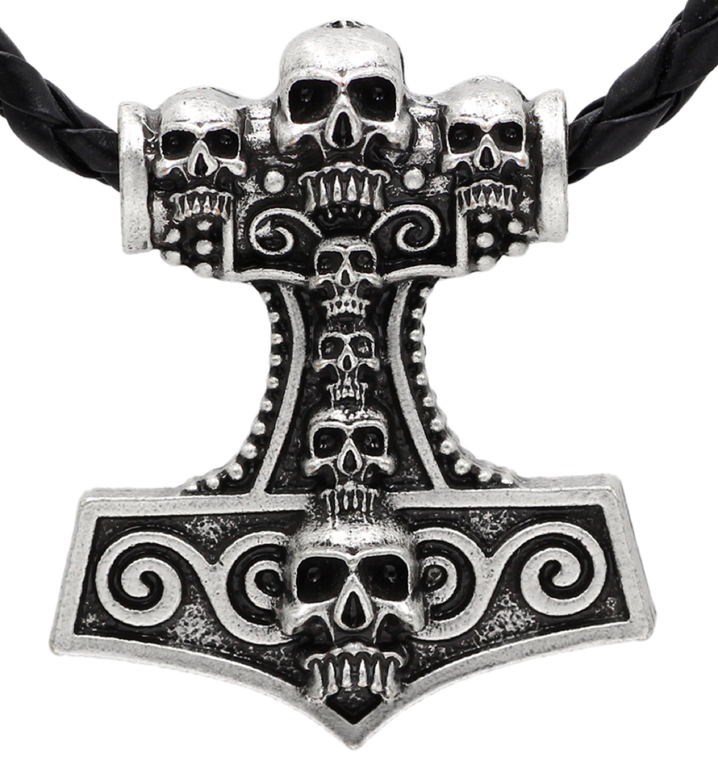 PRETTYROSARY VIKING THOR`S HAMMER SKULL NECKLACE - ODIN HAMMER LARGE AMULET MJOLNIR | NORSE SKULL CHARM | BIKER THOR HAMMER PENDENT | SKULL JEWELRY WOMEN RAVEN SKULL | ANIMAL SKULL | LEATHER SILVER