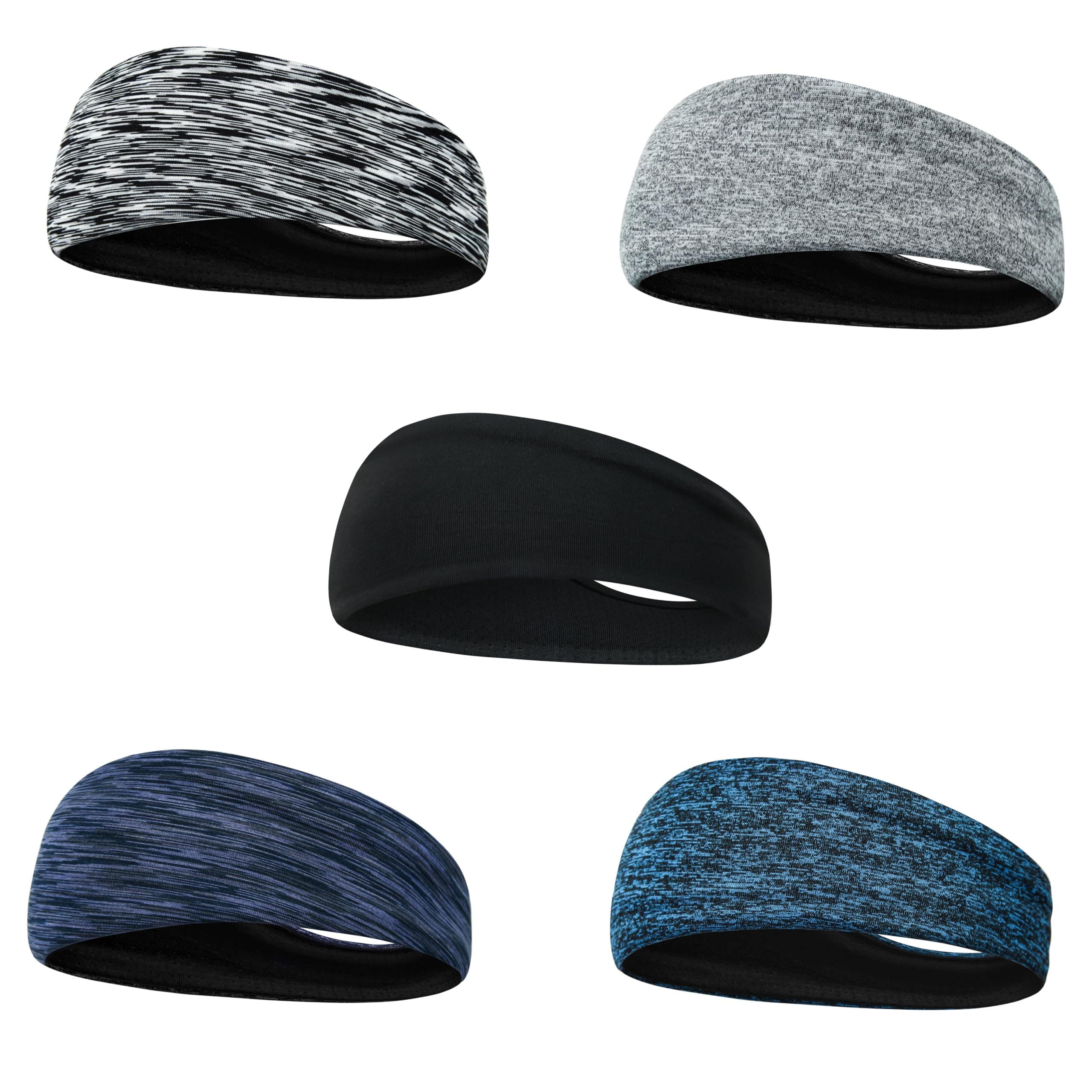 Mens Headbands, Sweatband Sports Headbands for Running,Basketball,Yoga,Fitness,Workout Stretchy Unisex Hairband 5 Pack