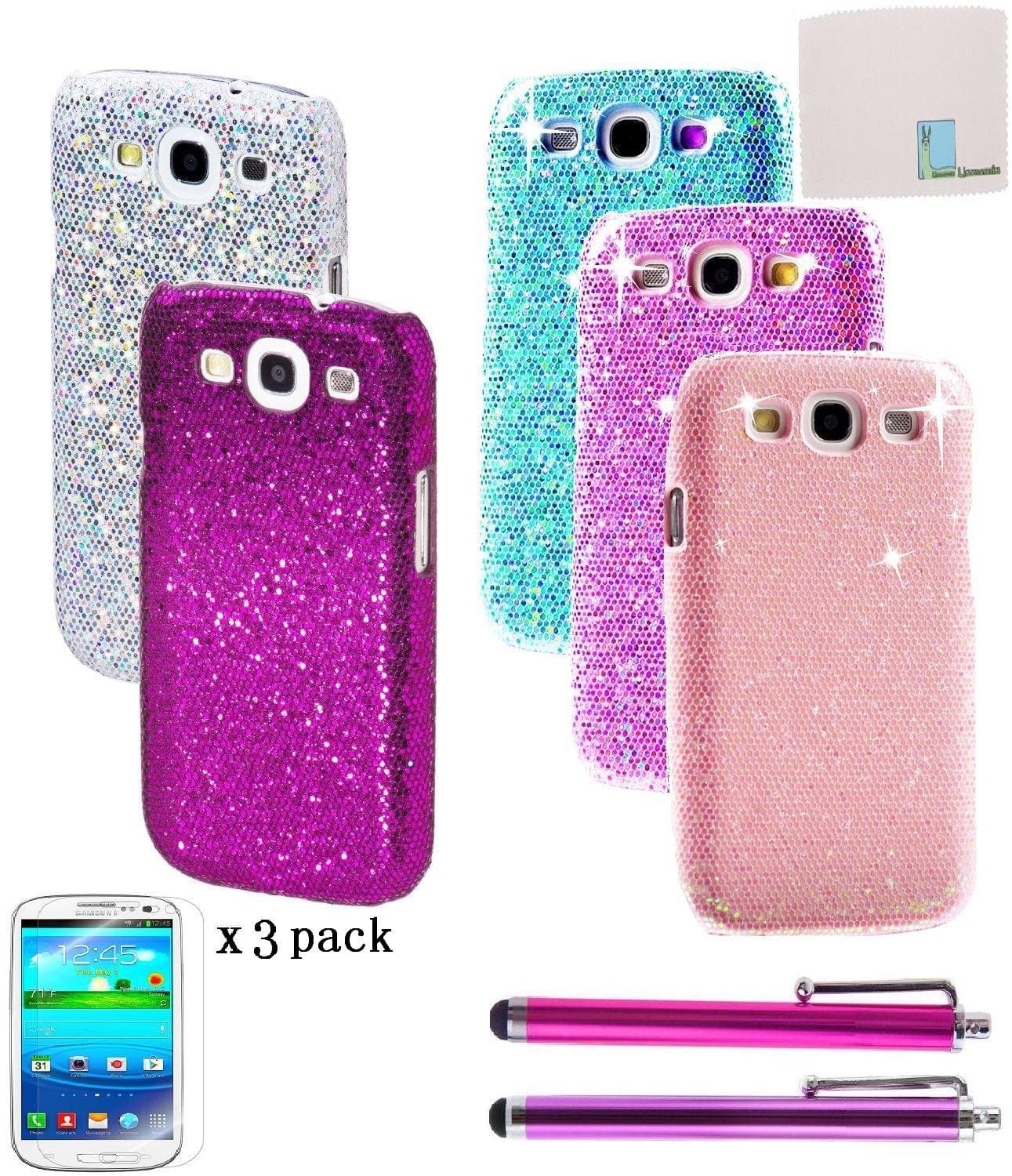 Llamamia 5 Colorful Bling Sparkle Glitter Hard Covers Cases Protectors for Samsung Galaxy S3 S III I9300 + 2 Stylus Pens + 3 Screen Protectors + Cleaning Cloth