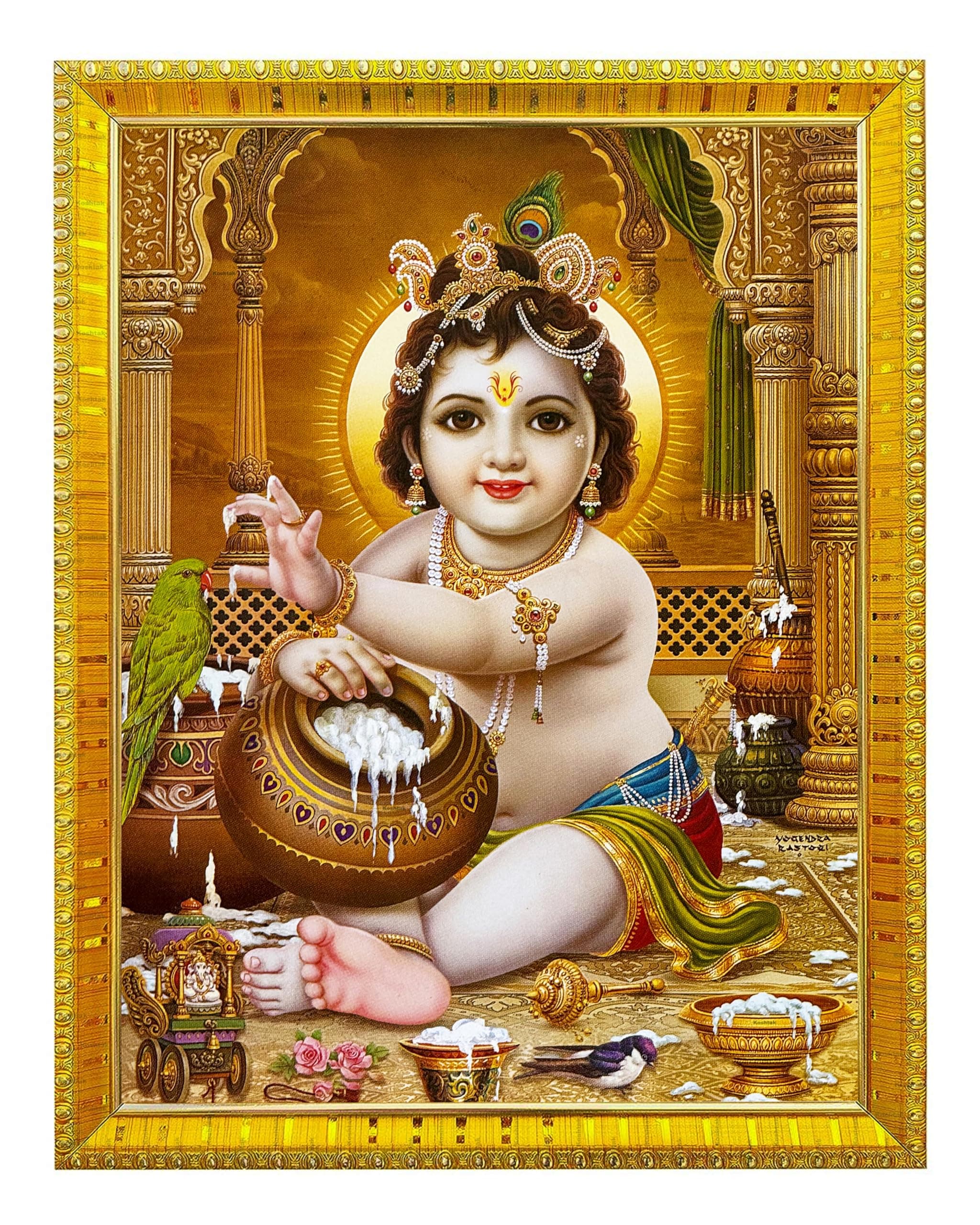 Koshtak Laddu Gopal/ Bal Roop Krishna/ Bal Gopal /Makhan Chor Kanha Photo Frame With Glossy Lamination On Poster With Golden Frame For Puja Room/Temple/Wall Hanging/Gift/Home Decor/Worship Size 30cm x